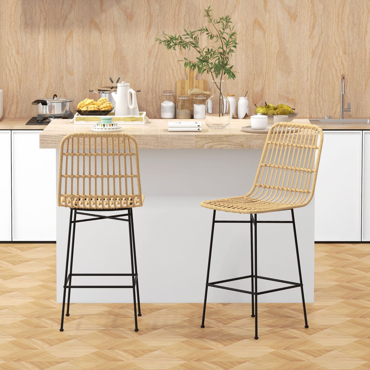 HOMCOM Barhocker 2er-Set, Barstuhl mit Rückenlehne aus PE-Rattan, Gelb