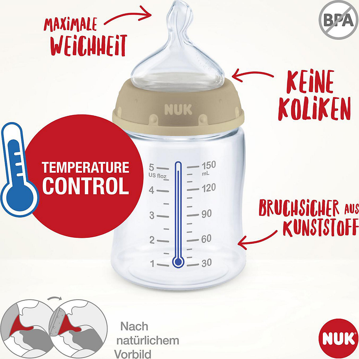 NUK First Choice+ 3 plus 2 Set mit Temperature Control, Vorteils-Set mit NUK First Choice+ PP-Babyflaschen inklusive zwei Ersatzsaugern, 0-6 Monate, beige & weiß