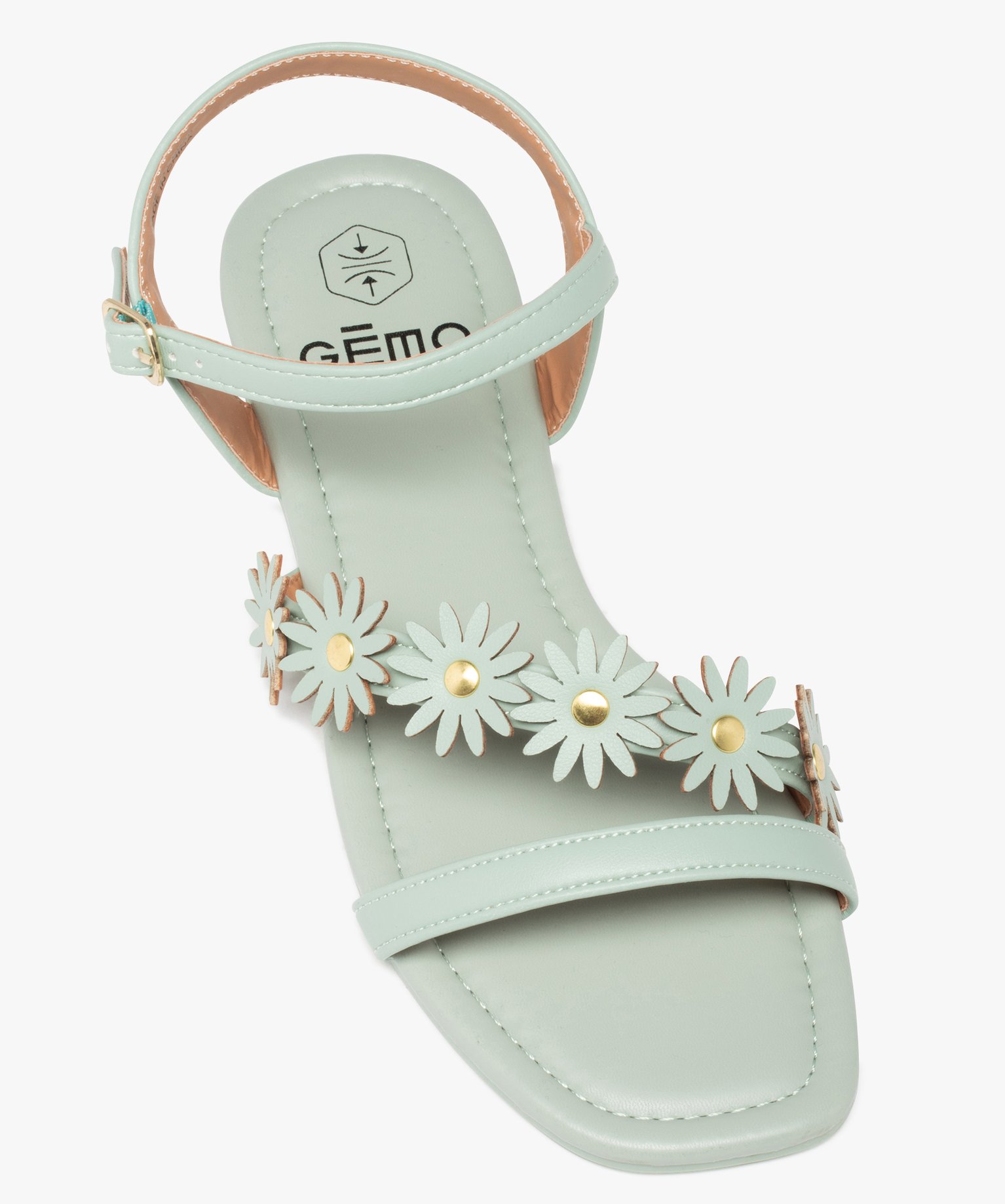 Sandales femme unies à talon plat et fleurs en relief vert clair | GEMO