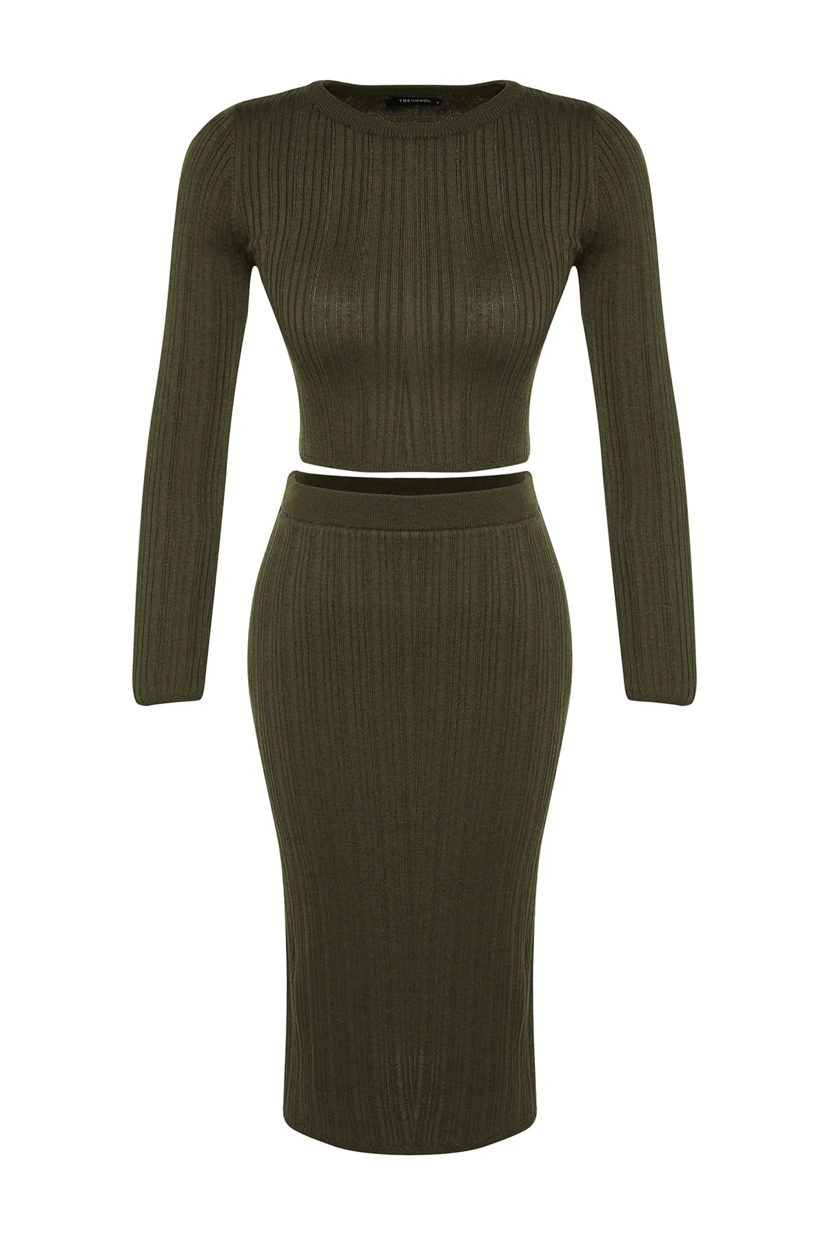 Trendyol Collection  Khakifarbenes, kurzes Strickoberteil und -unterteil-Set TWOAW24AU00003