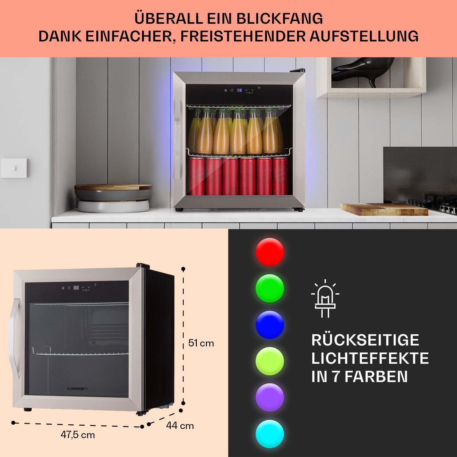 Klarstein Table Top Kühlschrank HEA-Coachella50 10034820A, 51 cm hoch, 47.5 cm breit, Bierkühlschrank Getränkekühlschrank Flaschenkühlschrank mit Glastür