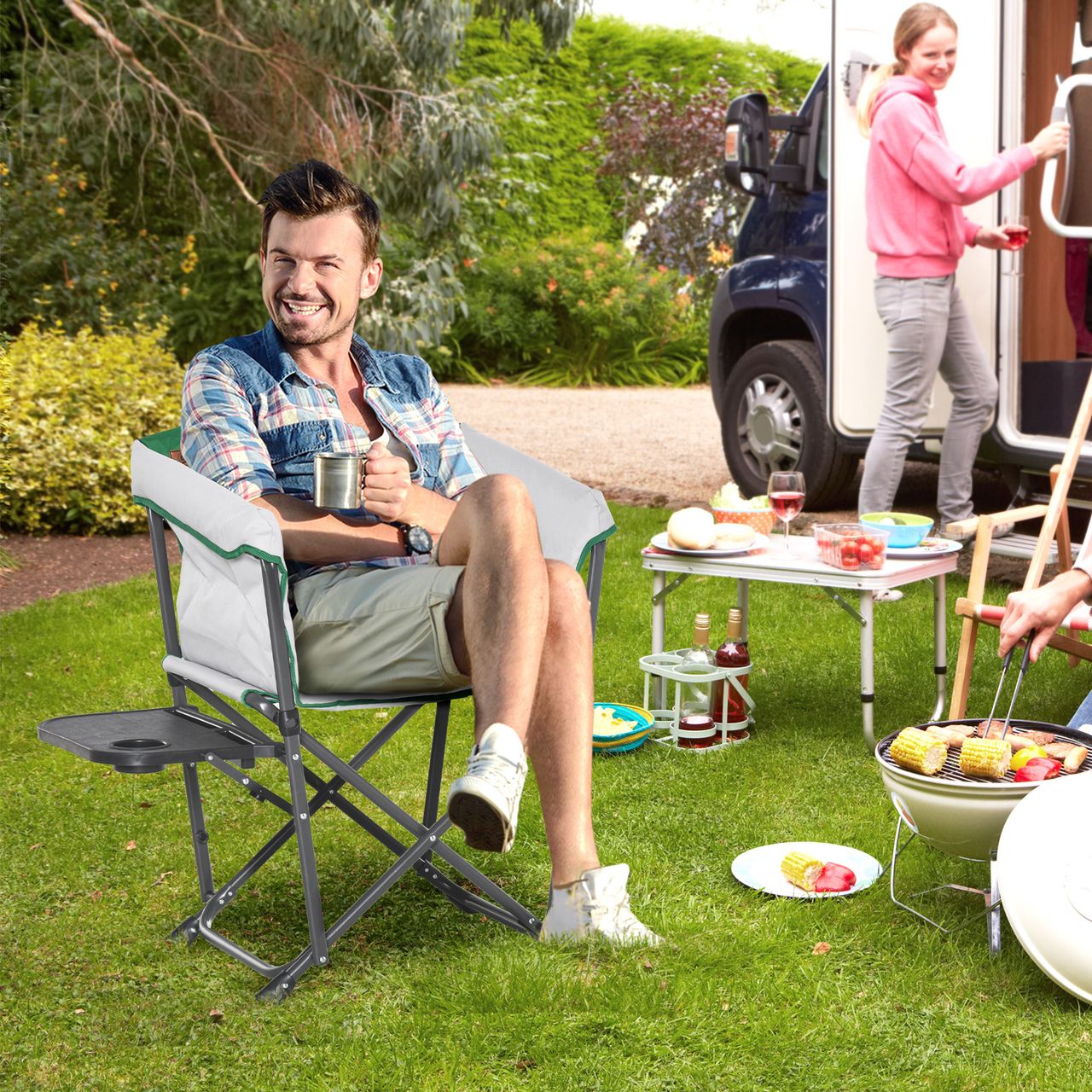 Outsunny Campingstuhl Klappstuhl Regiestuhl Tisch mit Getränkehalter Weiß Grün 83 x 64 x 90 cm