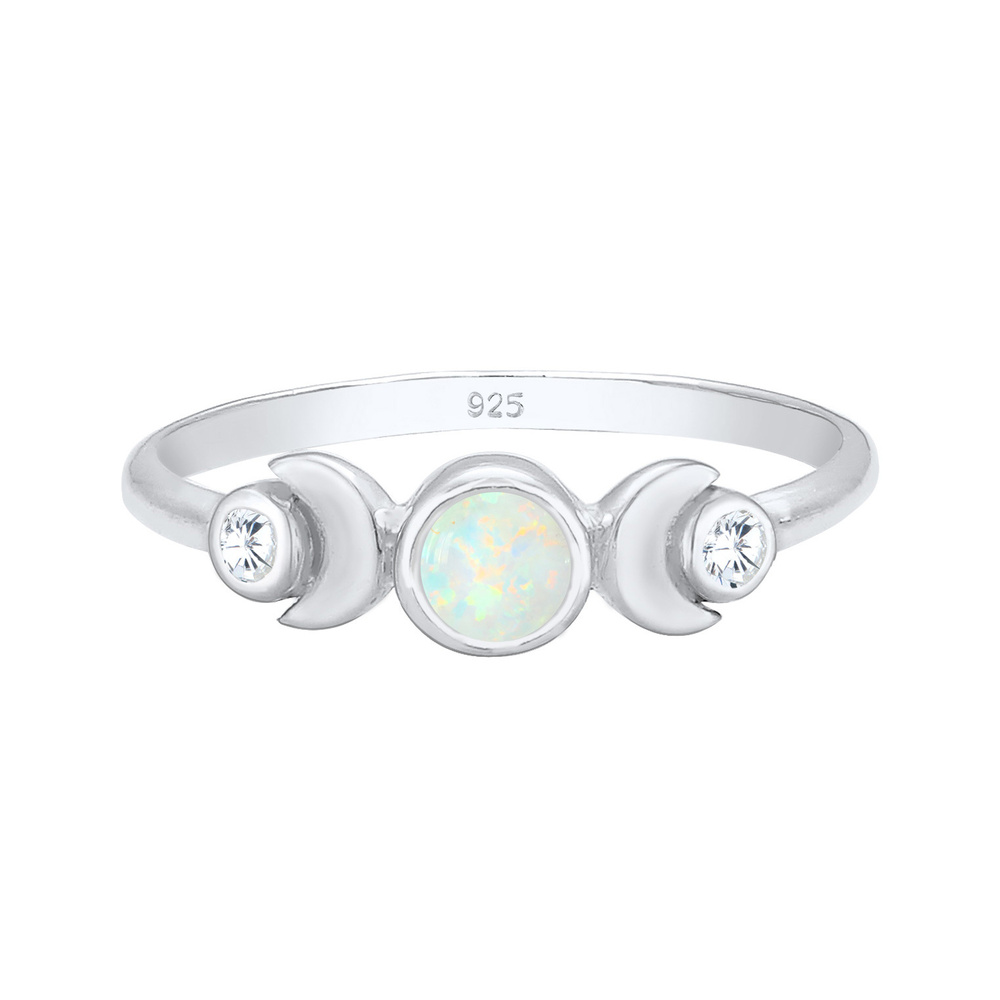Elli Elli Bague Demi Lune Astro Bague Femme - (925/1000) Argent Cristal Zircone Opale Bague