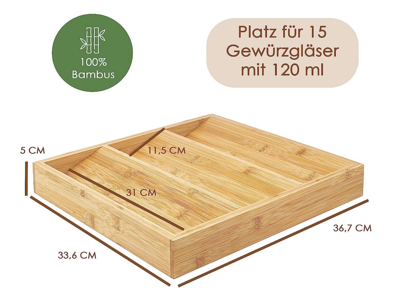 Hanseküche Gewürzregal Gewürzregal liegend, Gewürzregal liegend mit 3 Fächern 1-tlg., Optimaler Organisierer mit Platz für 15 Gewürzgläser mit 120 ml