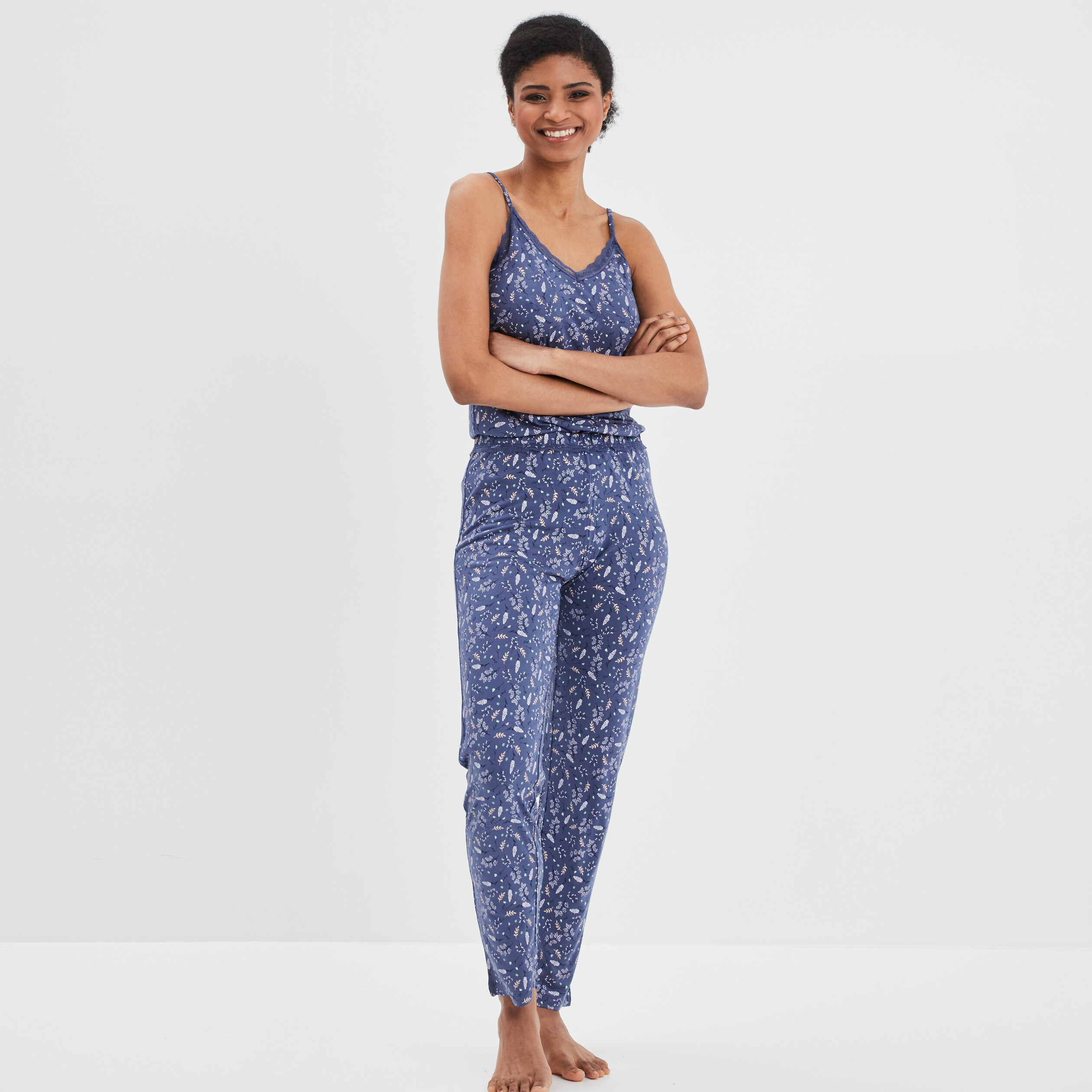 Pantalon pyjama liseré dentelle bleu femme | La Halle