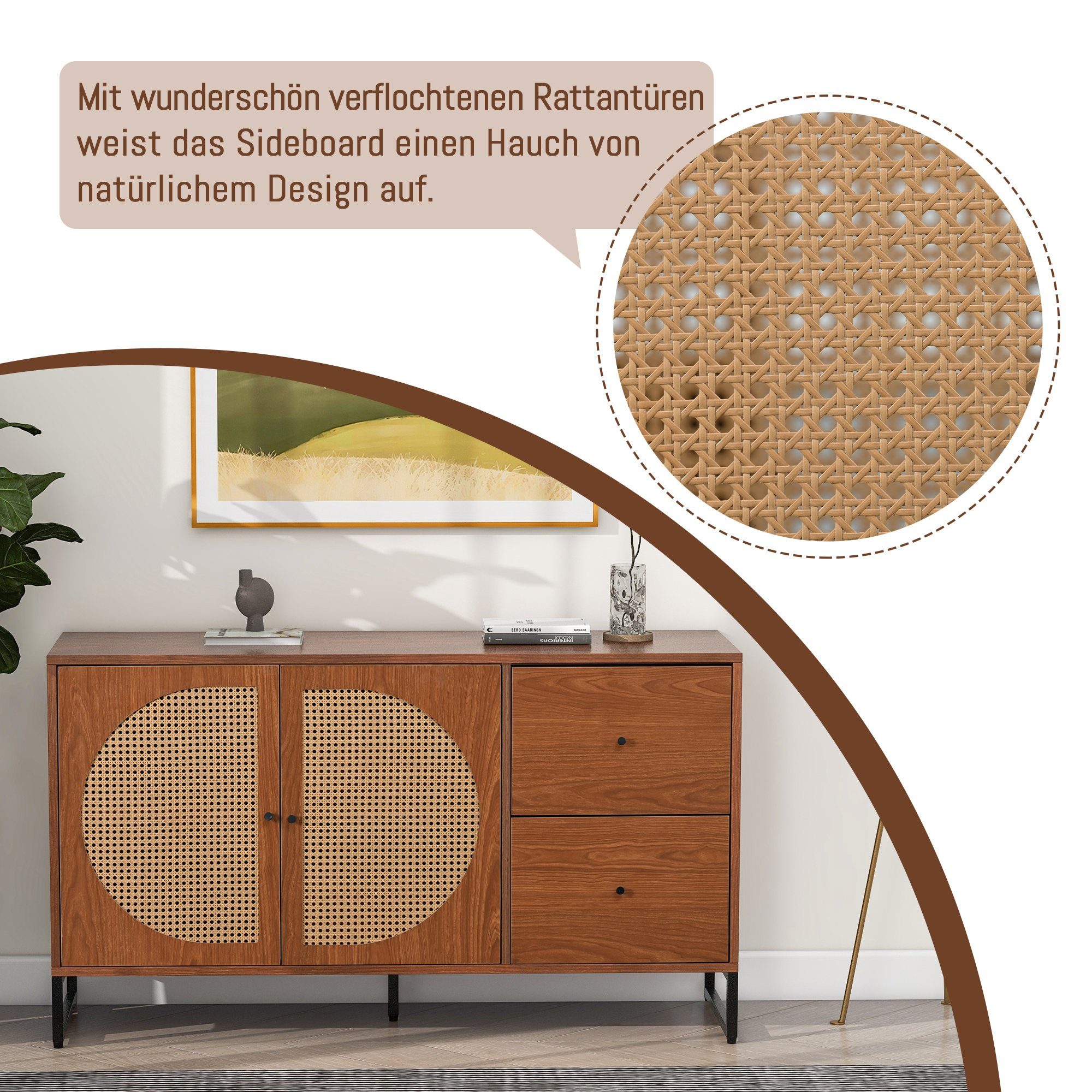 REDOM Sideboard Kommode Mehrzweckschrank (mit 2 Rattan verzierten Türen und 2 Schubladen Kommode Küchenschrank), Highboard mit Metallgriffe