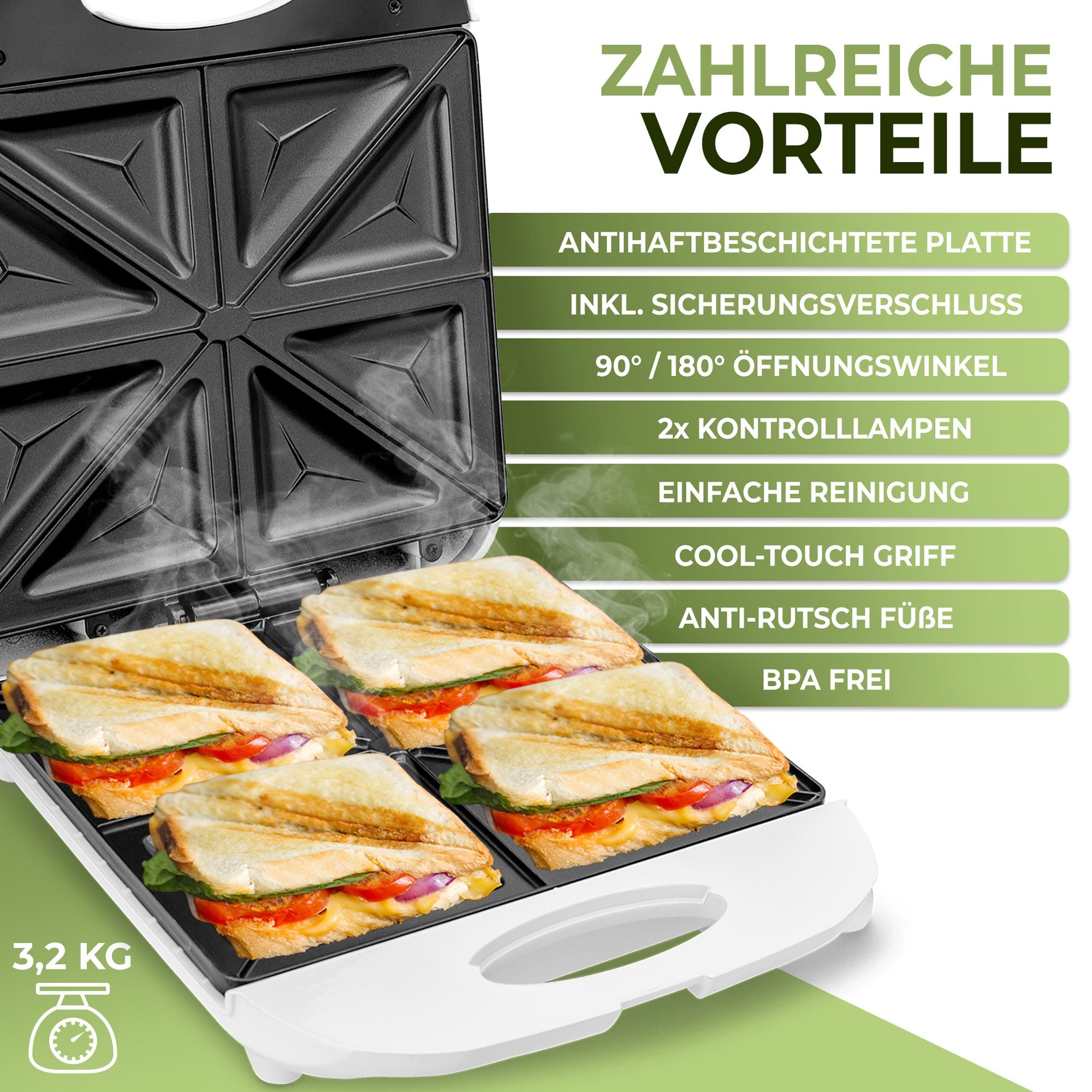 monzana Sandwichmaker, 1000 W, 4er XXL Antihaftbeschichtung Cool-Touch-Griff 1400W BPA-frei