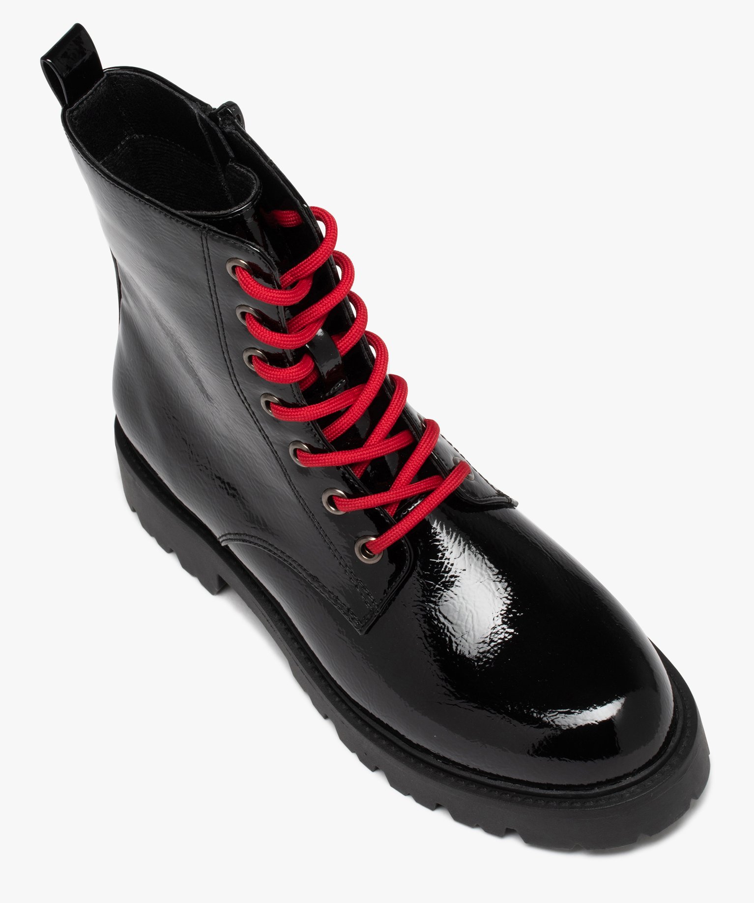 Boots femme mid-cut dessus uni verni à lacets colorés noir | GEMO