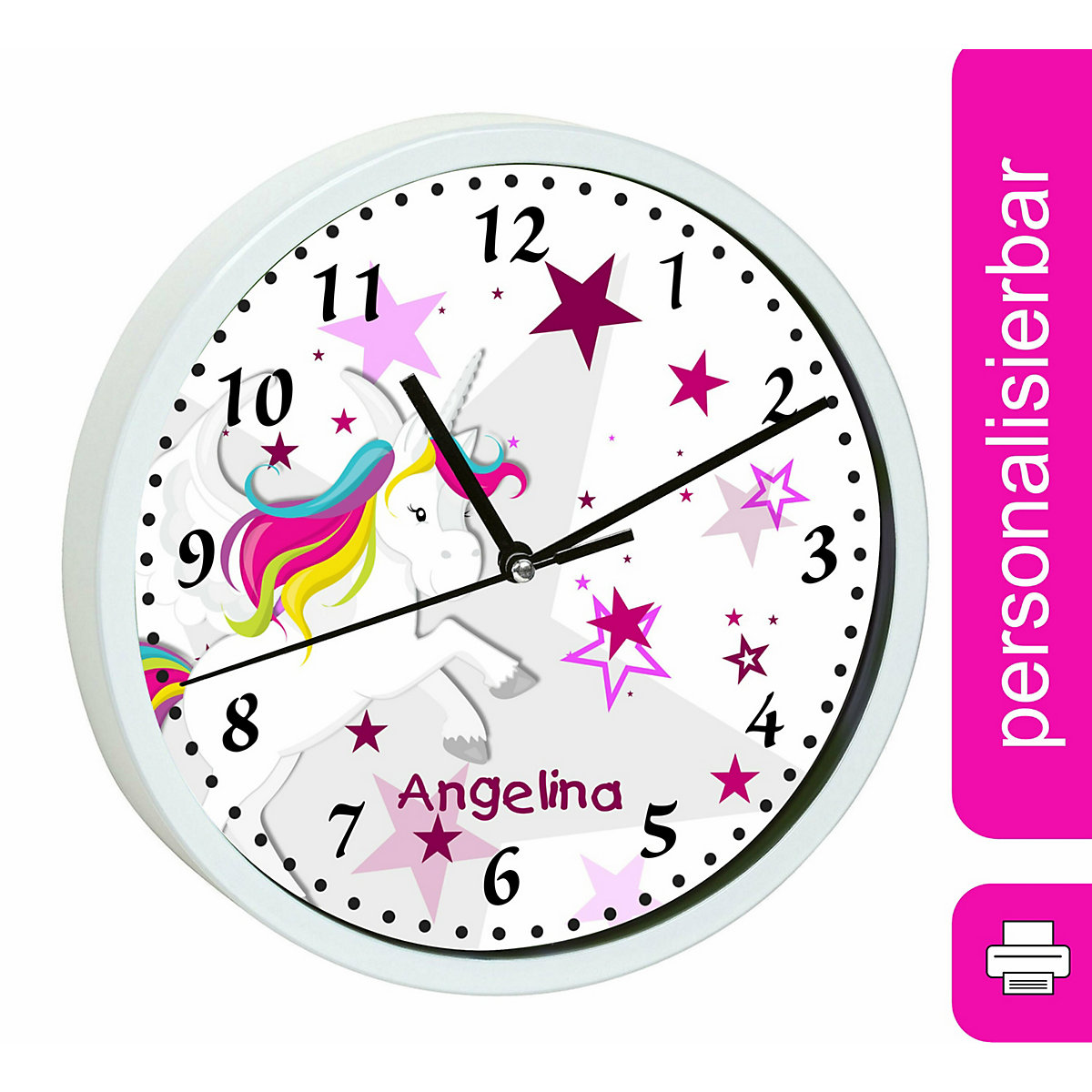 Kinder Wanduhr personalisiert mit Name Pegasus Sterne Rosa