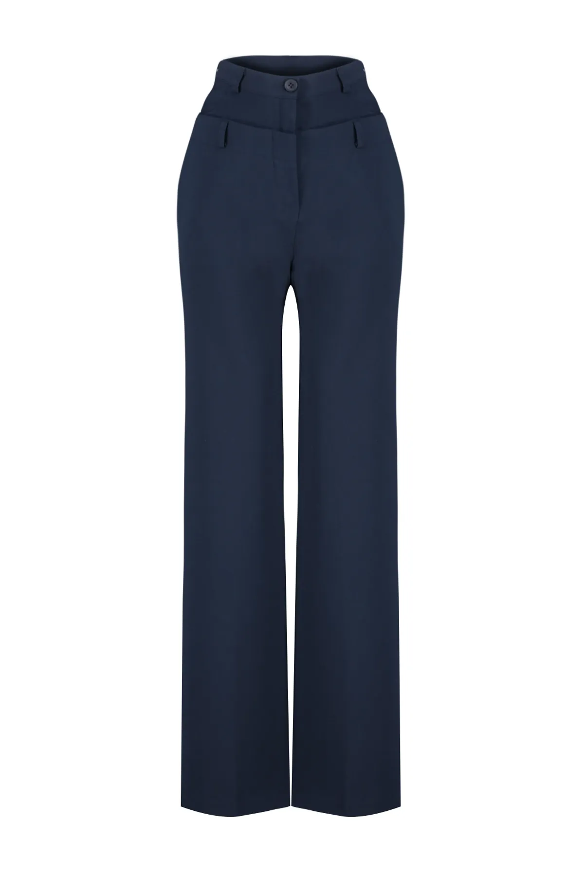 Trendyol Collection  Marineblaue gerade/gerade geschnittene Polyviscon-Taillen-Webhose mit detaillierten Details TWOSS24PL00078