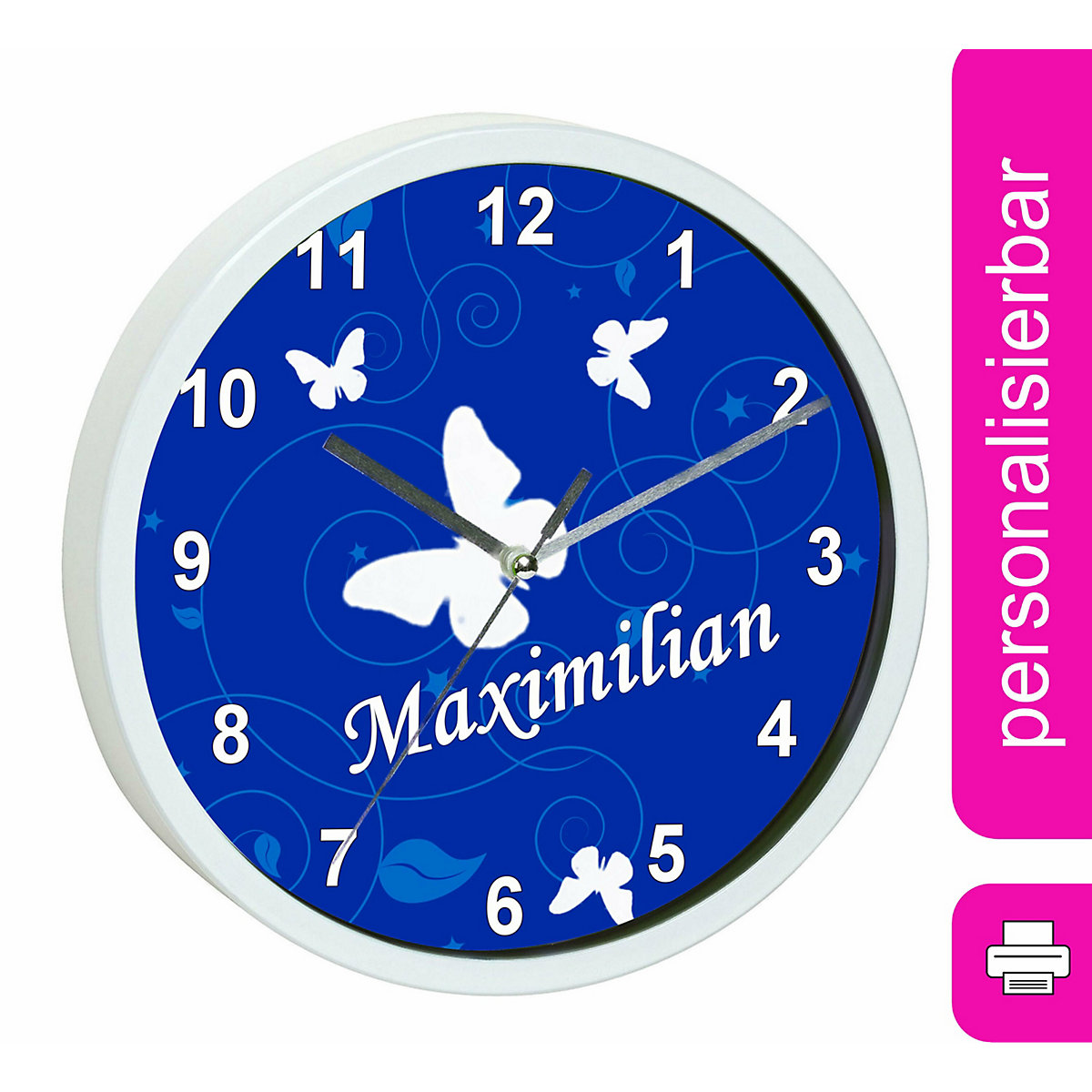 Kinder Wanduhr laufruhig personalisiert mit Name Schmetterling Ornamente blau
