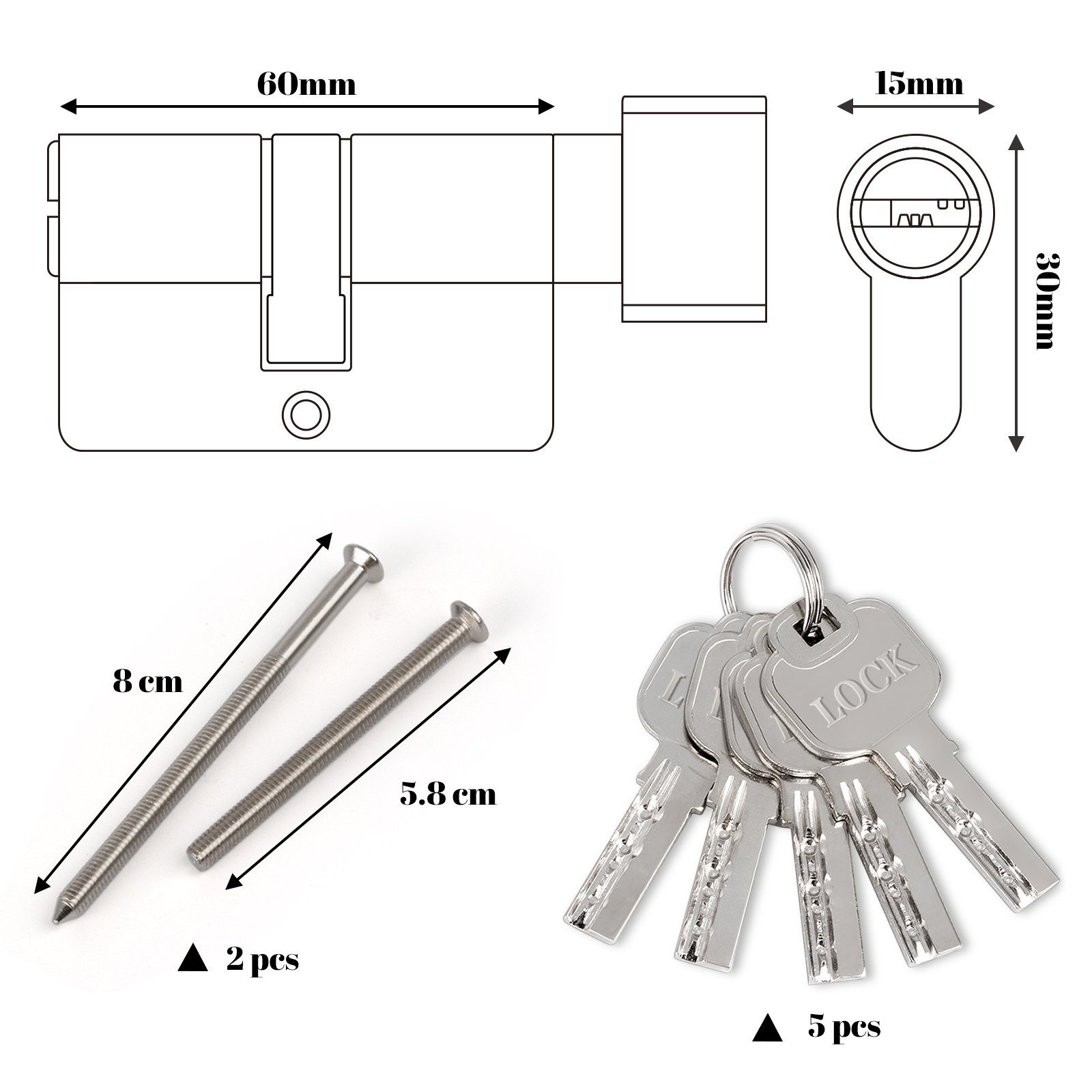 Homewit Schließzylinder Einzelner offener Schließzylinder mit Schlüssel, (Set, 1-St., 5 Stück Schlüssel + 2 Stück Befestigungsschrauben)