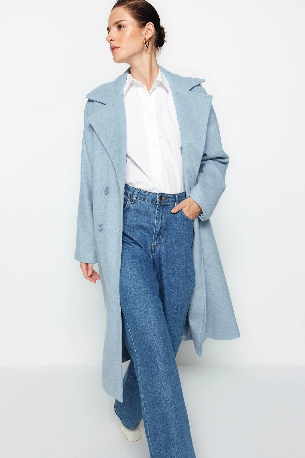 Trendyol Collection  Blauer, übergroßer, weit geschnittener, langer Wollmantel mit Stempelmuster TWOAW21KB0038
