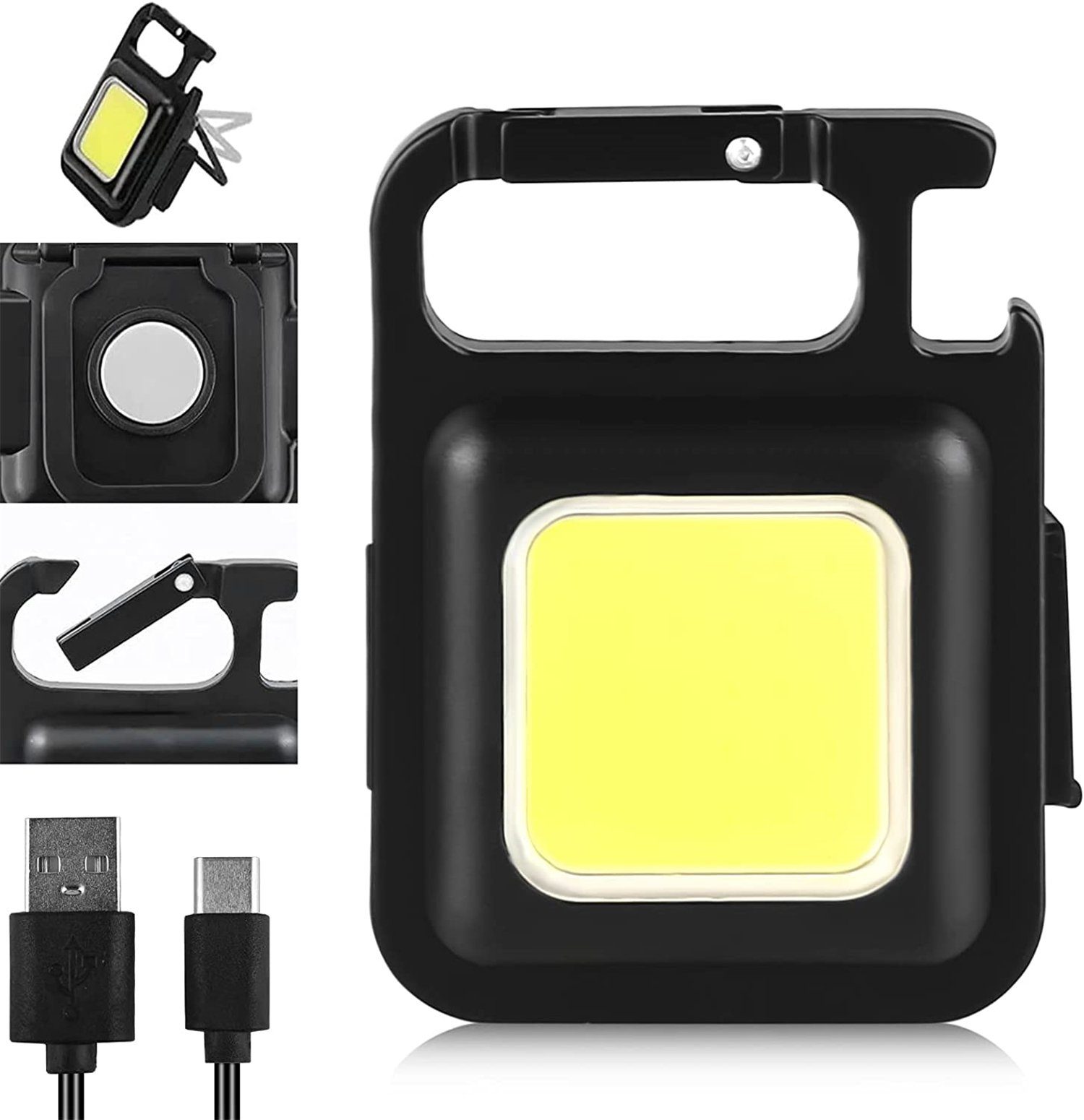 Olotos Taschenlampe Mini Taschenlampe Schlüsselanhänger Led Licht Lampe USB C Aufladbar (1-St), mit 4 Modi tragbare mit Klapphalterung, Flaschenöffner und Magnetfuß