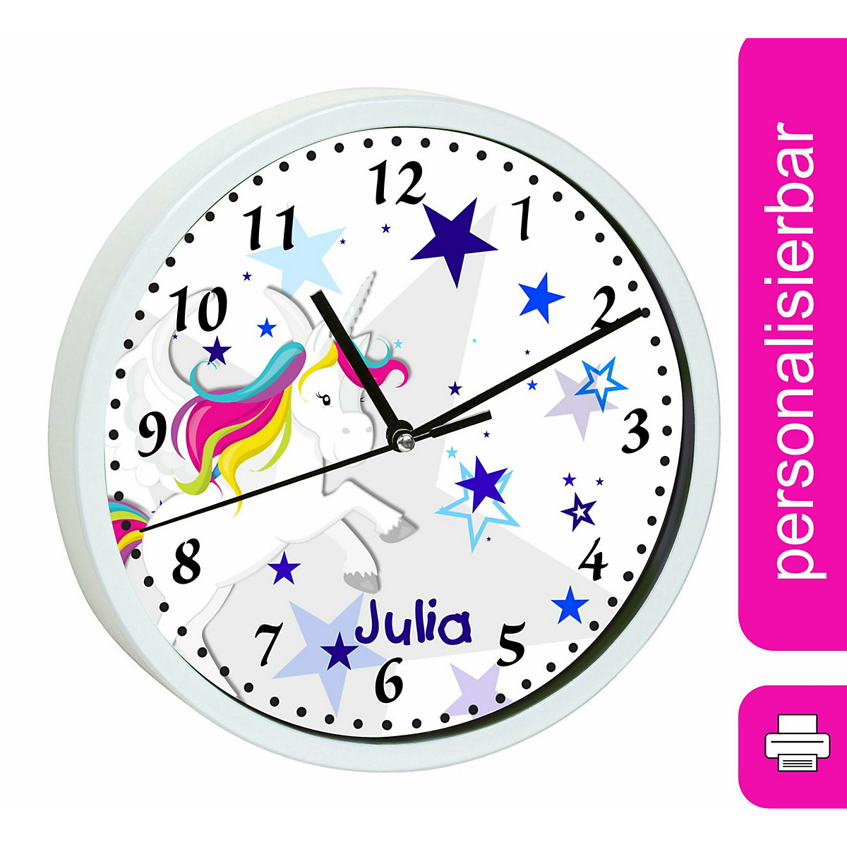 Kinder Wanduhr laufruhig personalisiert mit Name Pegasus Sterne Blau