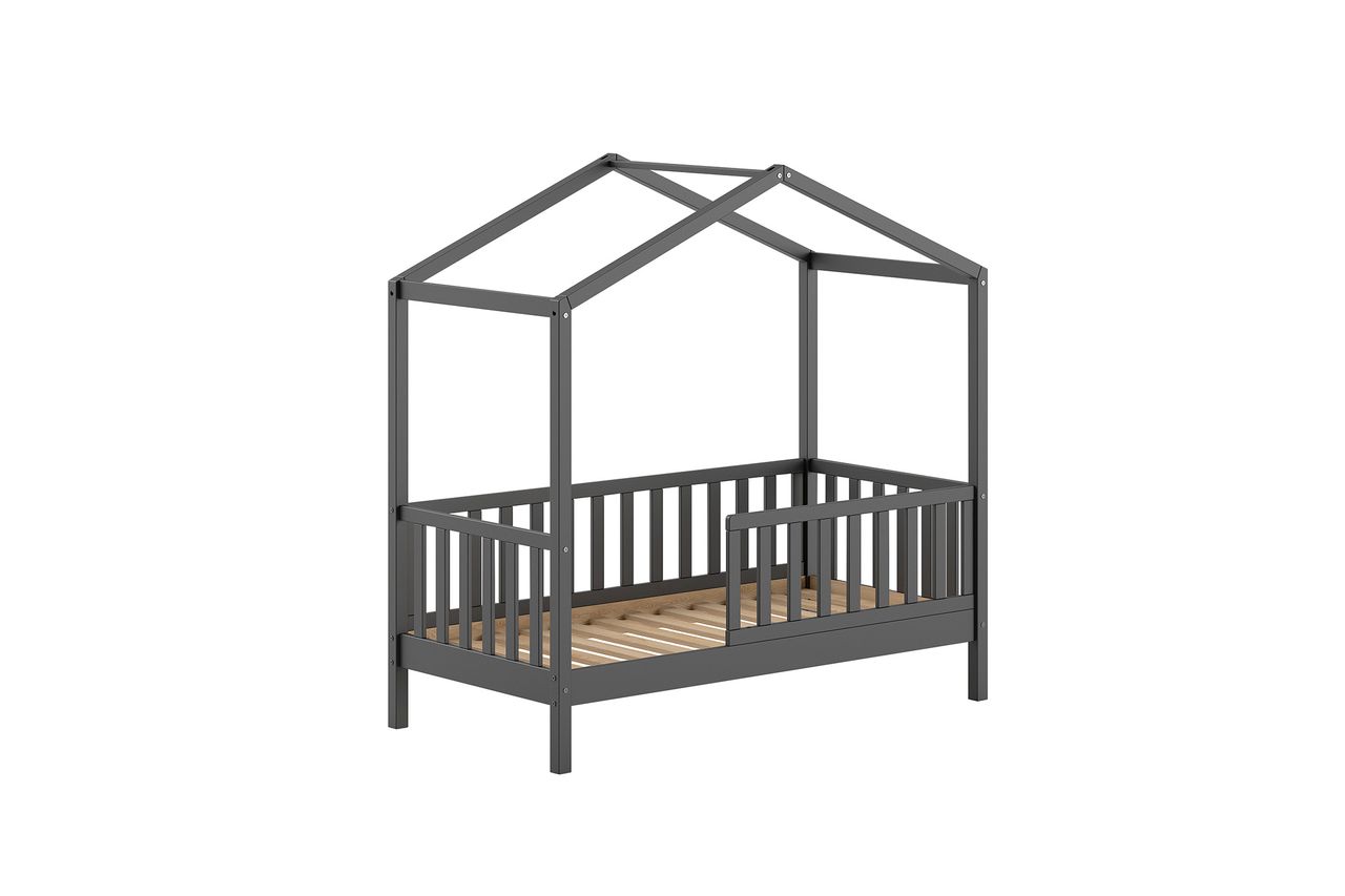 VIPACK Vipack - Junior Hausbett mit Umrandung 70x140cm Liegefläche, m. Rolllattenrost Kiefer Anthrazit