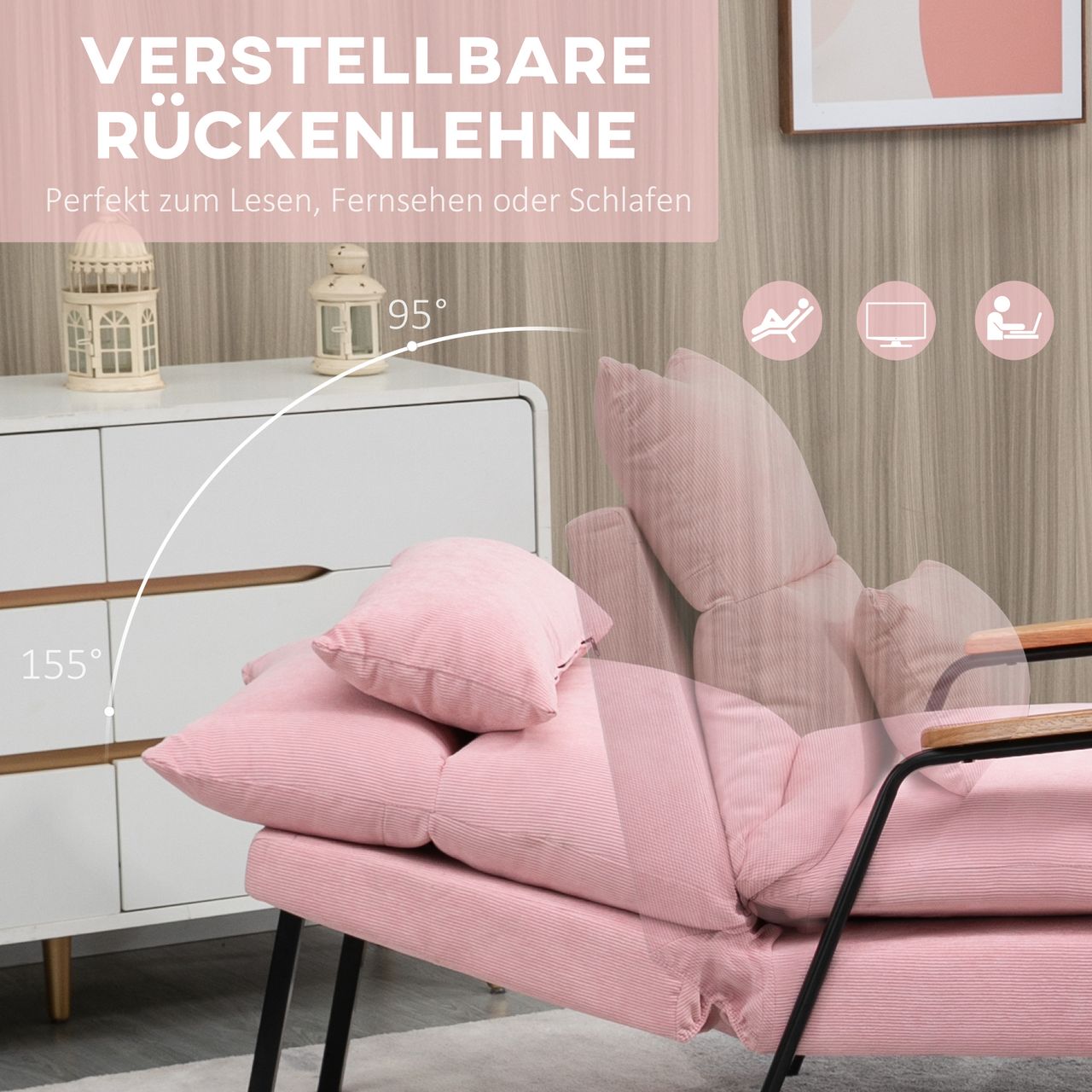 HOMCOM Ohrensessel mit Hocker, Relaxsessel mit neigbarer Rückenlehne, Rosa