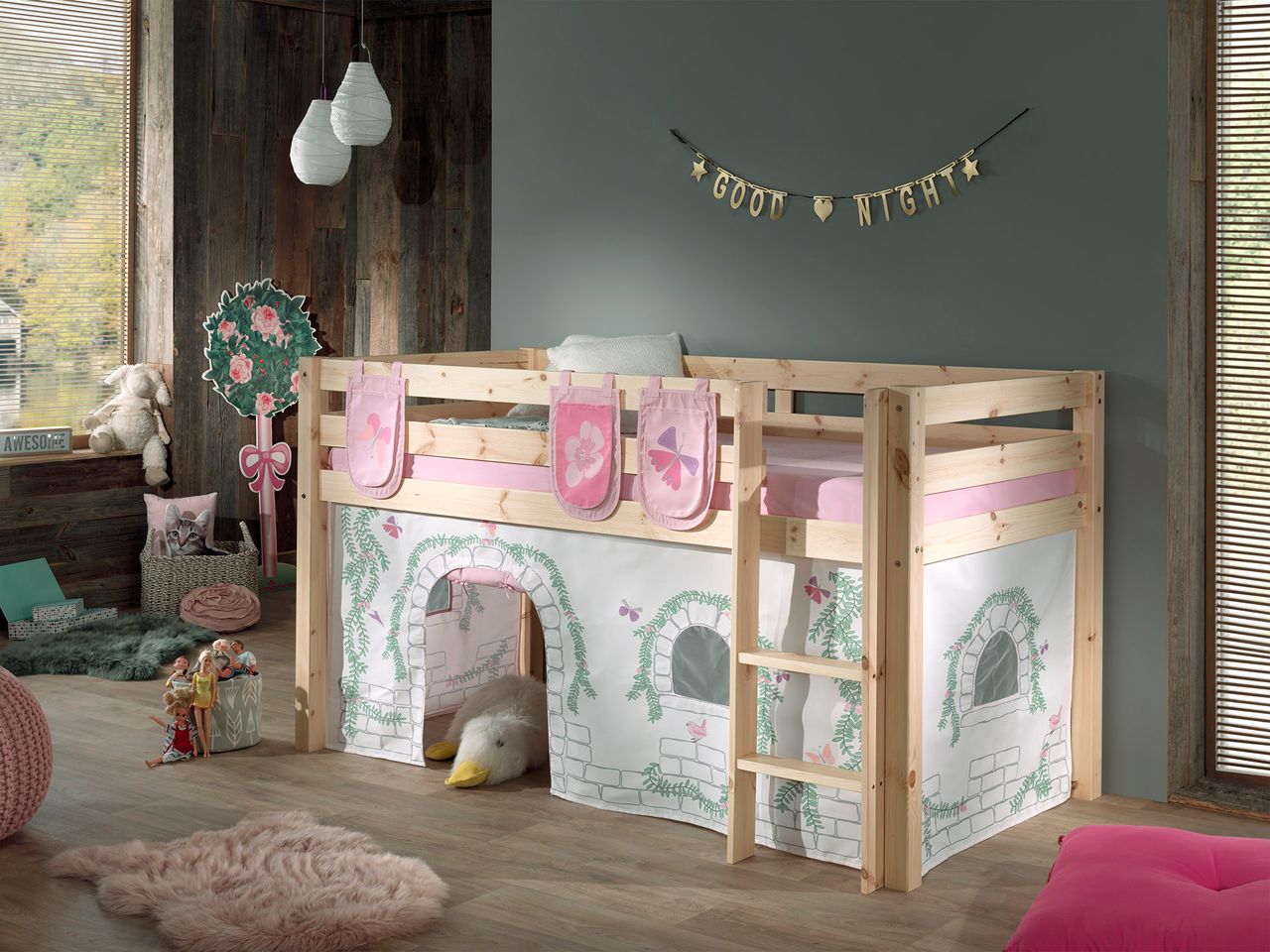 VIPACK Spielbett Pino mit Textilset Vorhang und 3 Taschen 