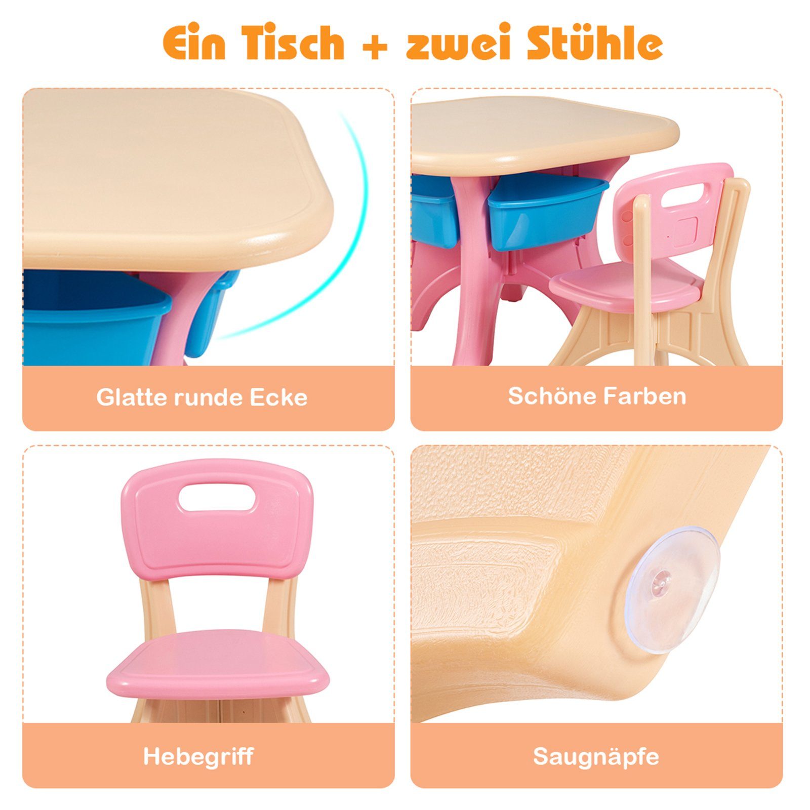 COSTWAY Kindersitzgruppe, mit 2 Stühlen&Kindertisch, mit Stauraum, Kunststoff