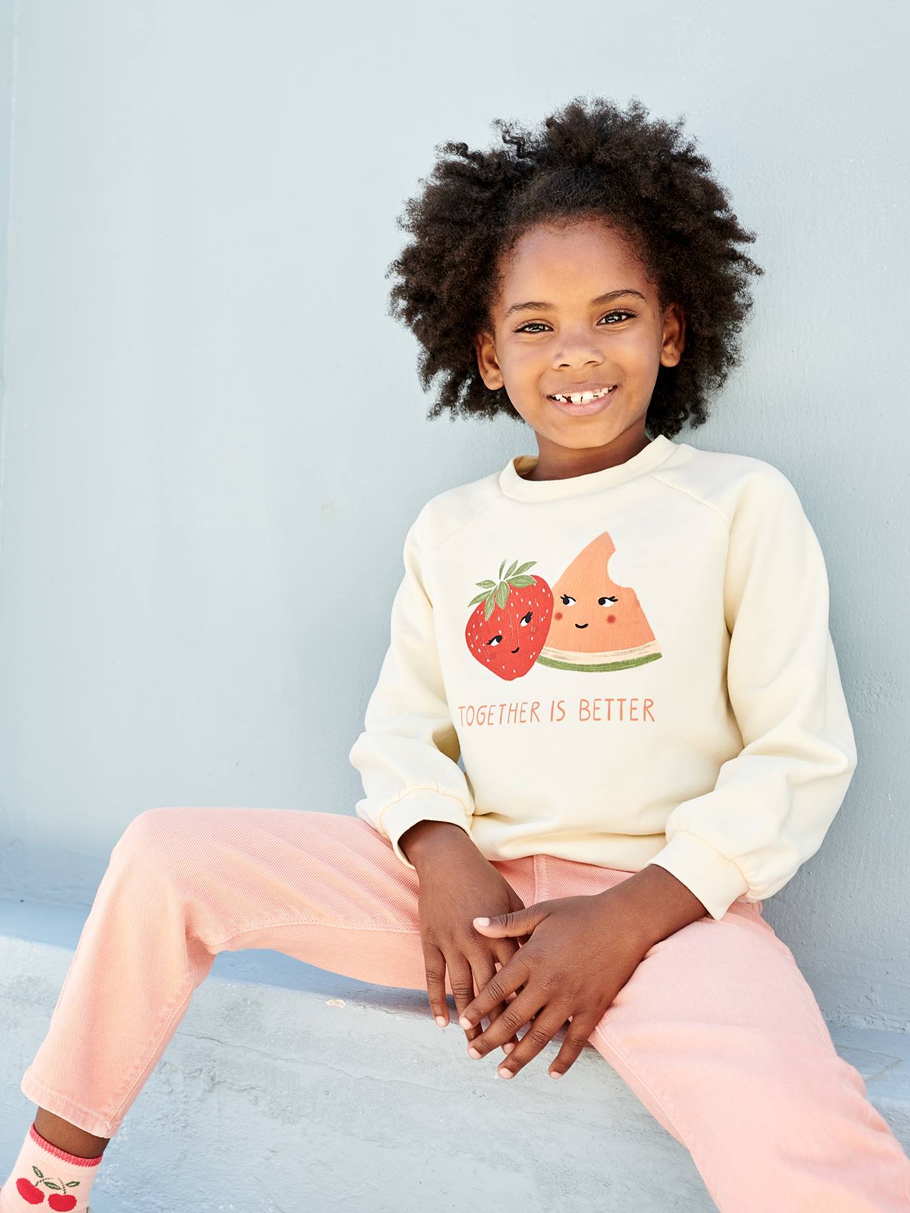 Vertbaudet Mädchen Sweatshirt, Fruchtmotive - wollweiß