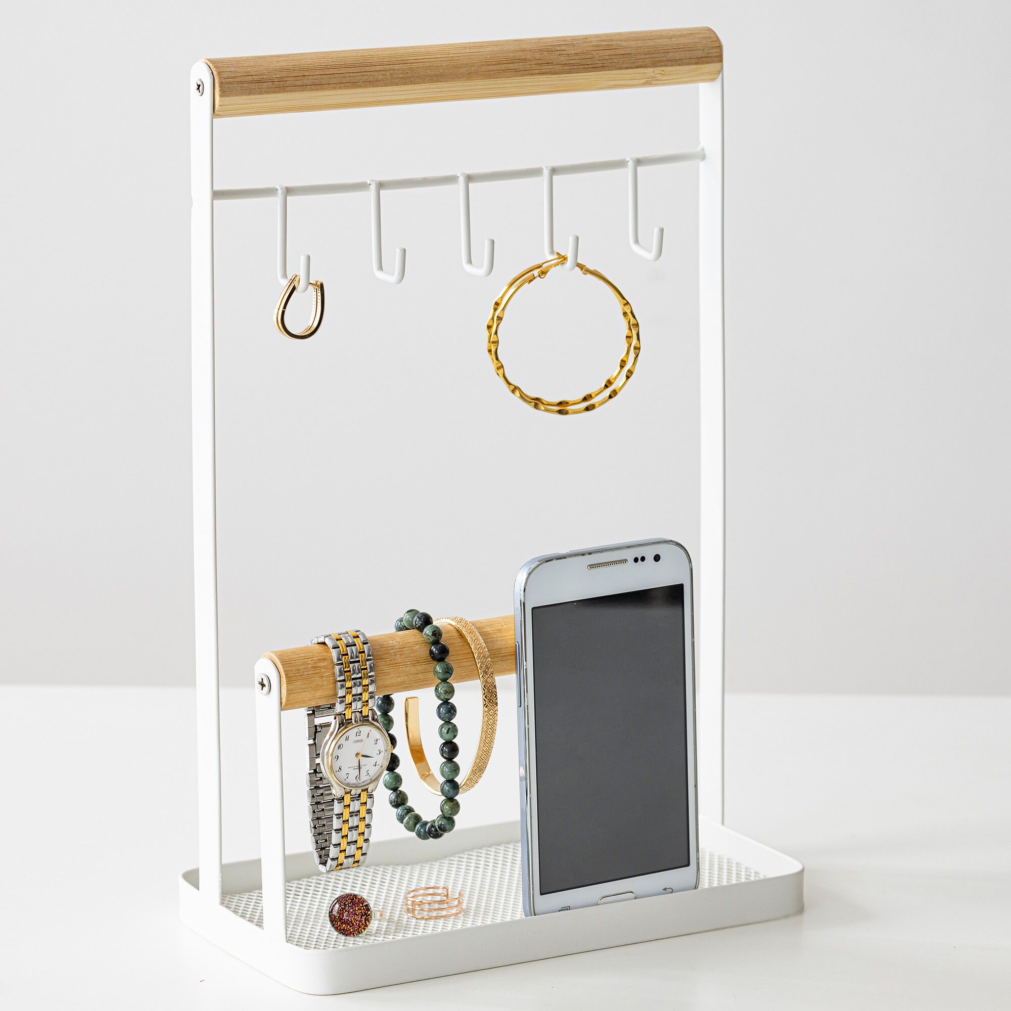 Porte-bijoux bois et métal blanc