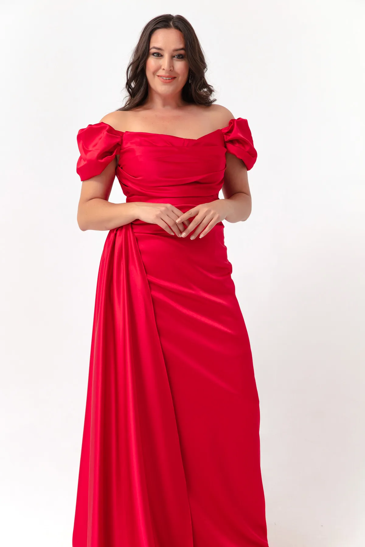 Lafaba  Rotes Abendkleid und Abschlusskleid aus Satin mit U-Boot-Ausschnitt für Damen