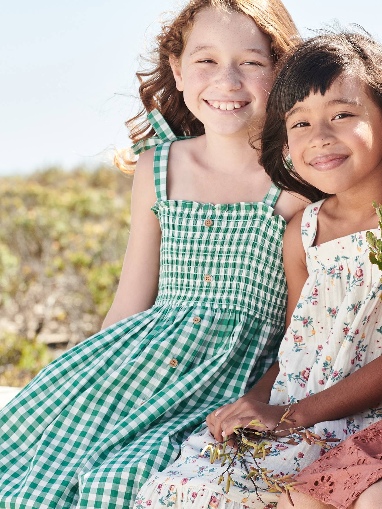 Robe longue à smocks fille carreaux vert