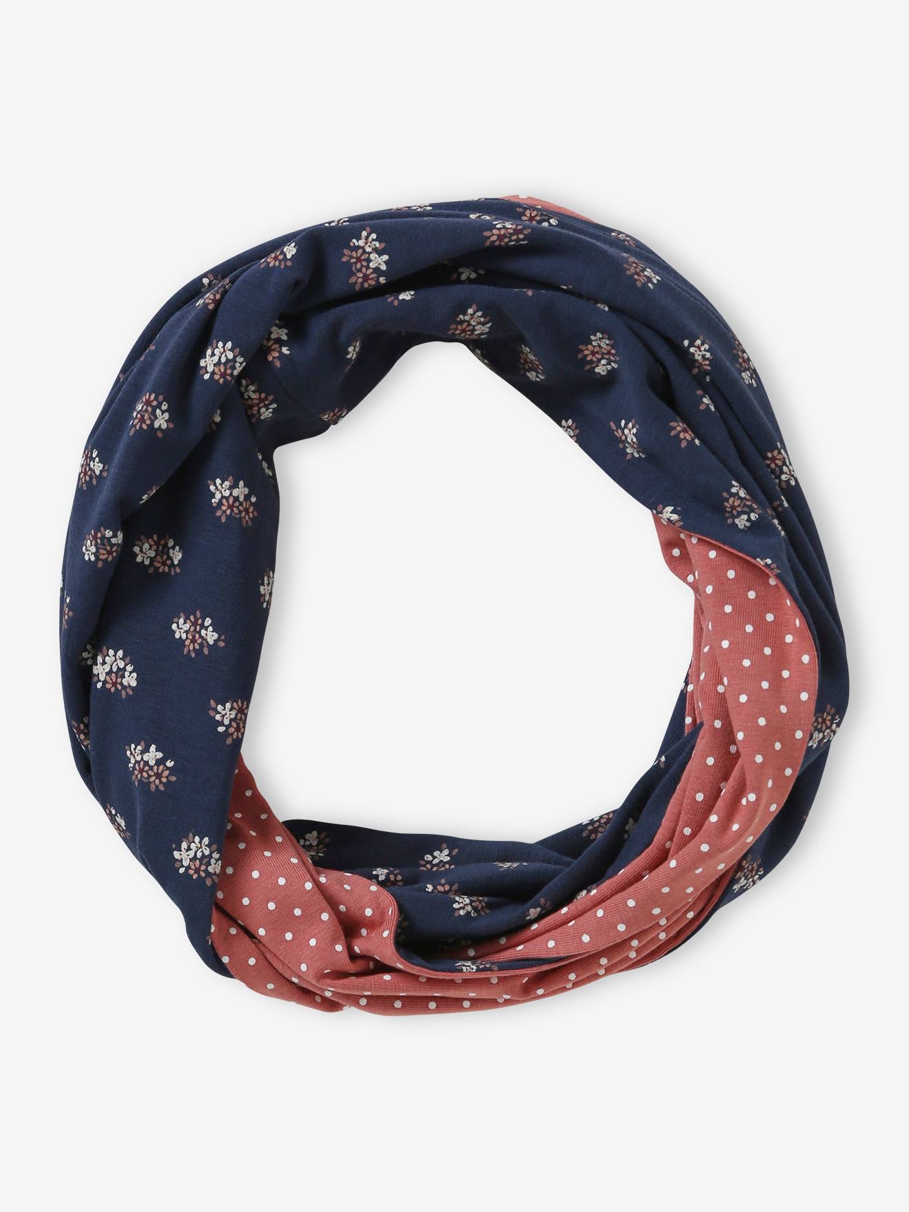 Snood fille réversible bouquets/pois marine
