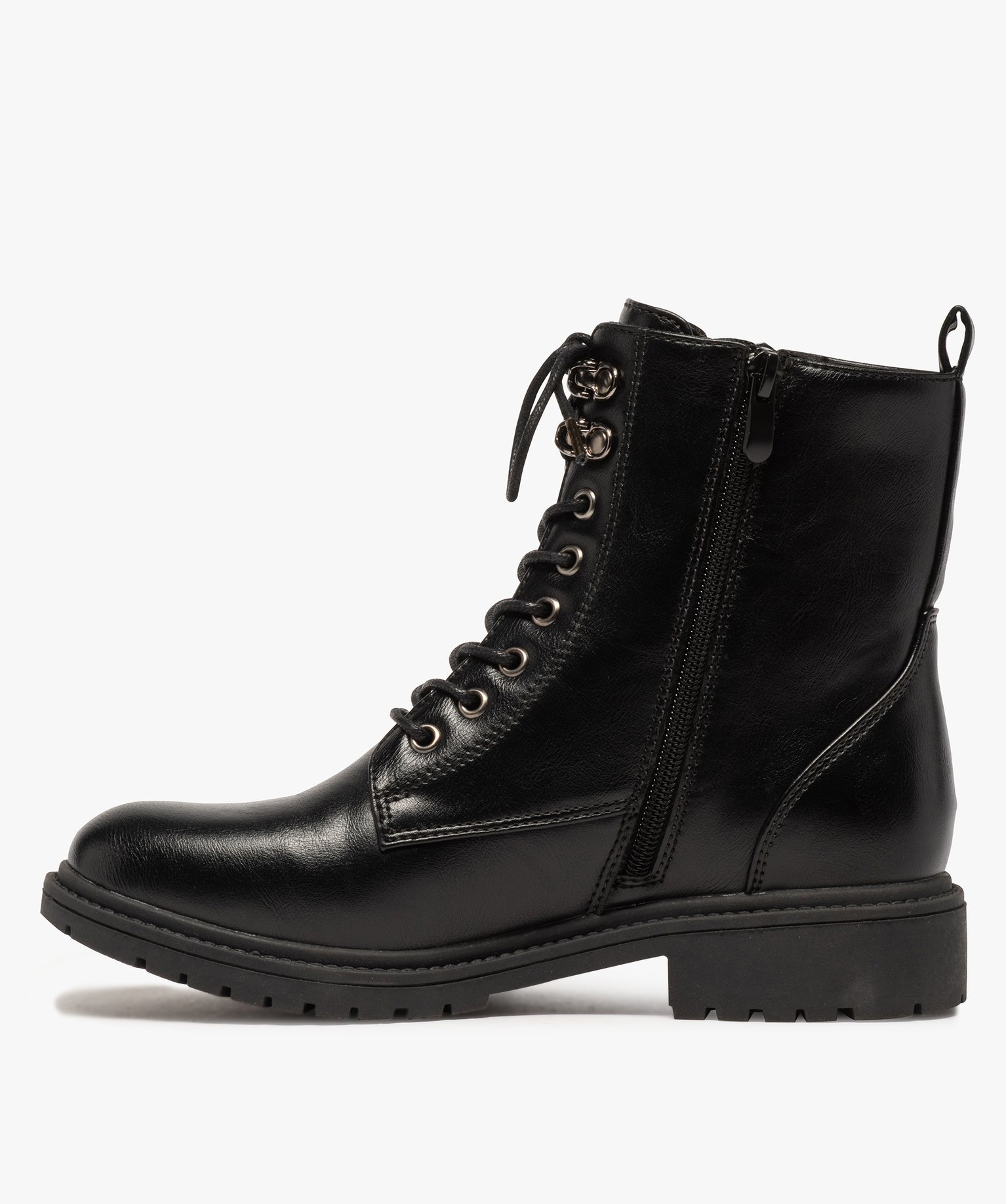 Boots femme unis à semelle crantée et zip décoratif noir | GEMO
