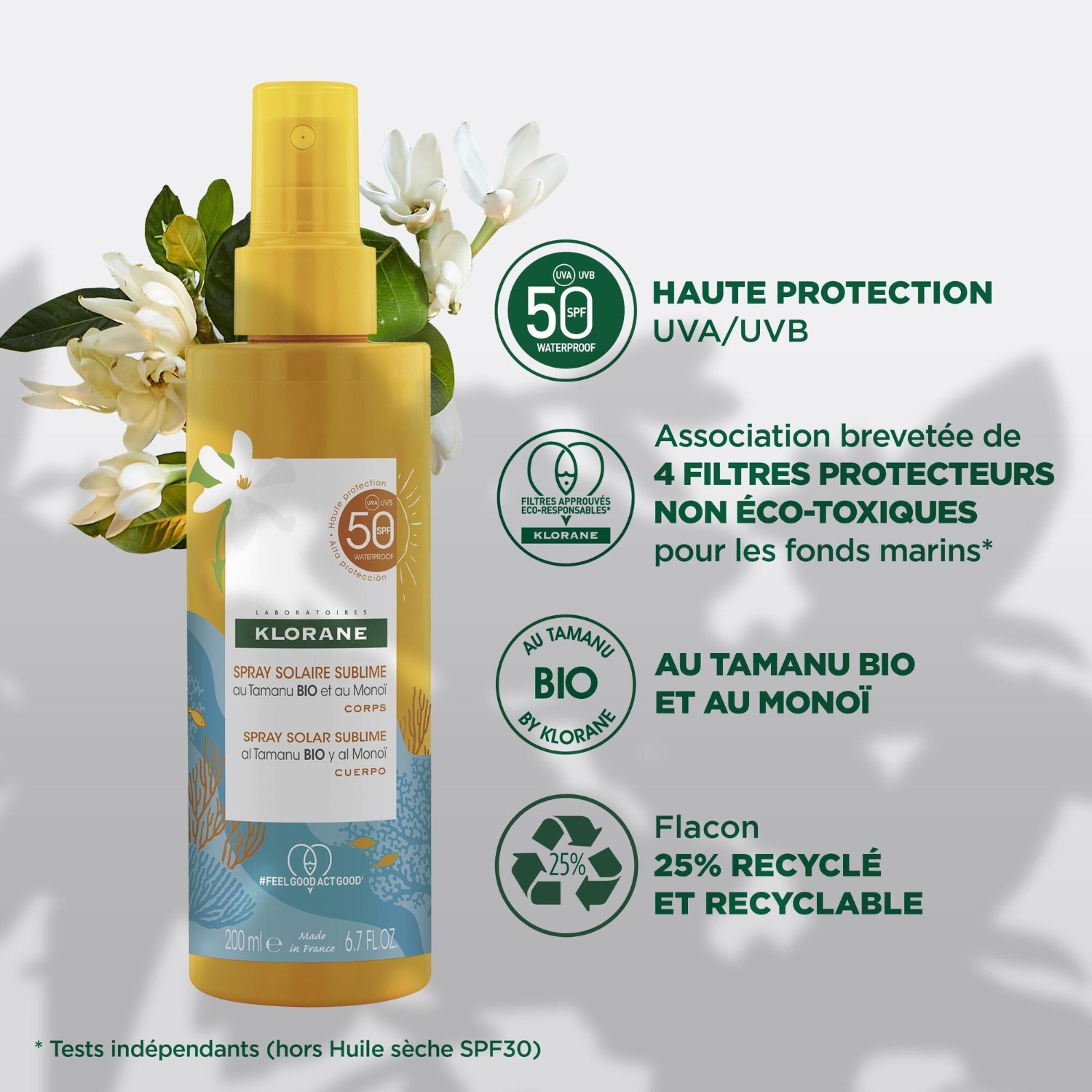 Klorane Sublime saules aizsargsprejs ar SPF 50 ar organisko tamanu un monoi eļļu
