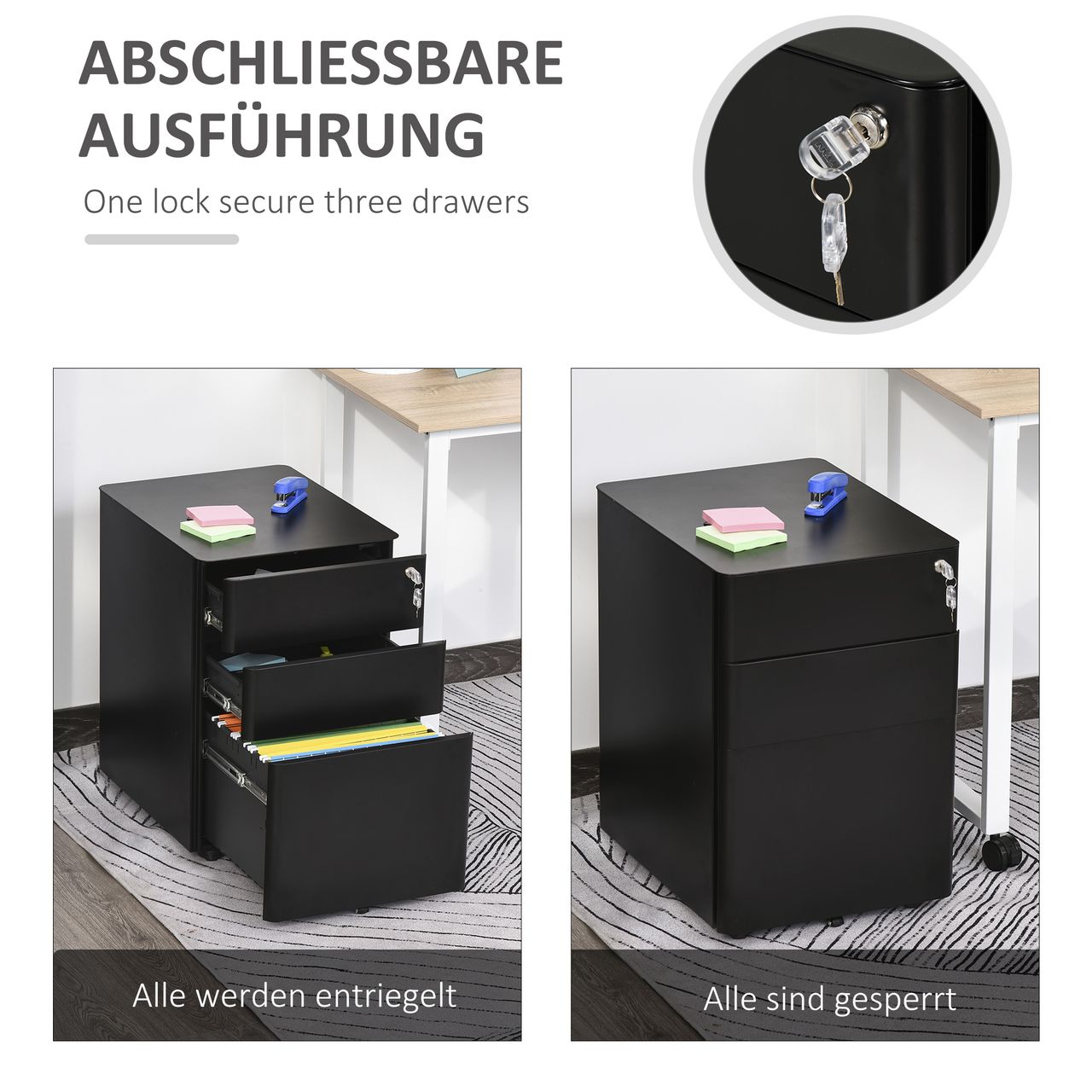 Vinsetto Rollcontainer, mobiler Aktenschrank mit 3 Schubladen, Büroschrank, Aufbewahrung, Stahl, Schwarz, 39 x 48 x 59 cm