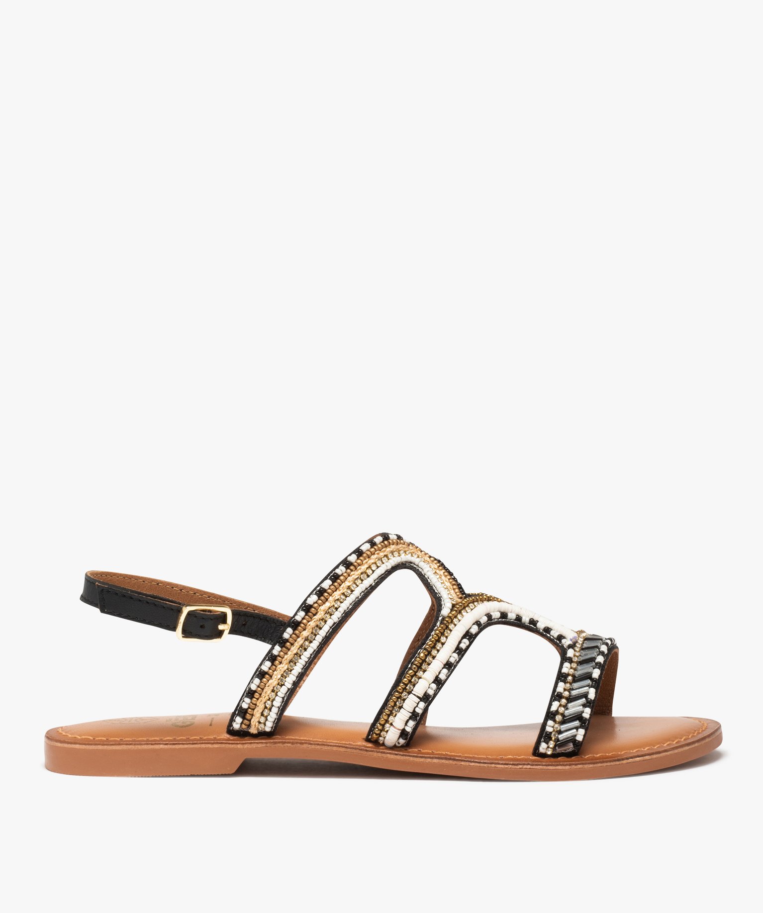 Sandales femme à talon plat ornées de perles et de strass noir | GEMO