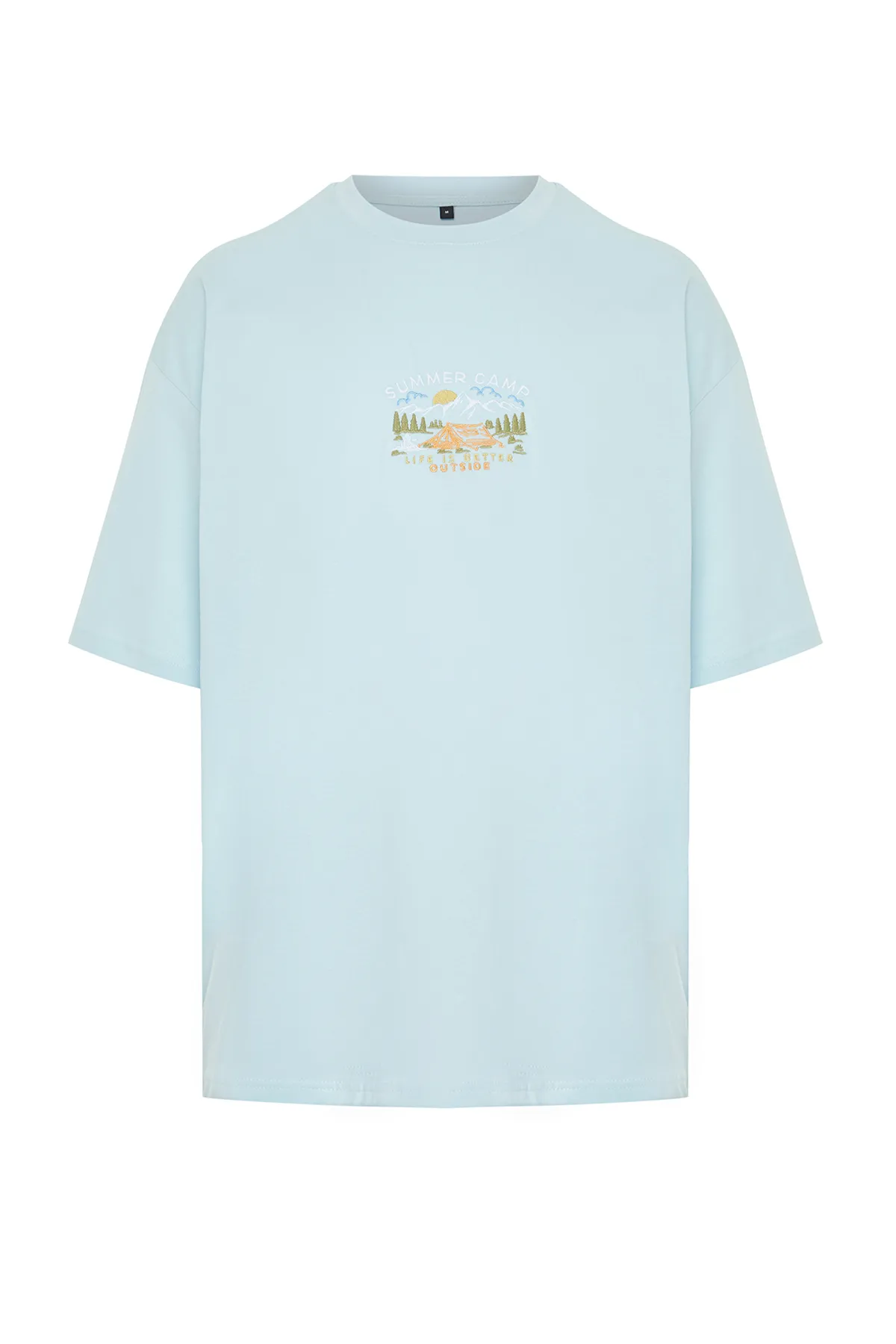Trendyol Collection  Blaues, übergroßes/weit geschnittenes, kurzärmliges, landschaftlich besticktes T-Shirt aus 100 % Baumwolle TMNSS23TS00243