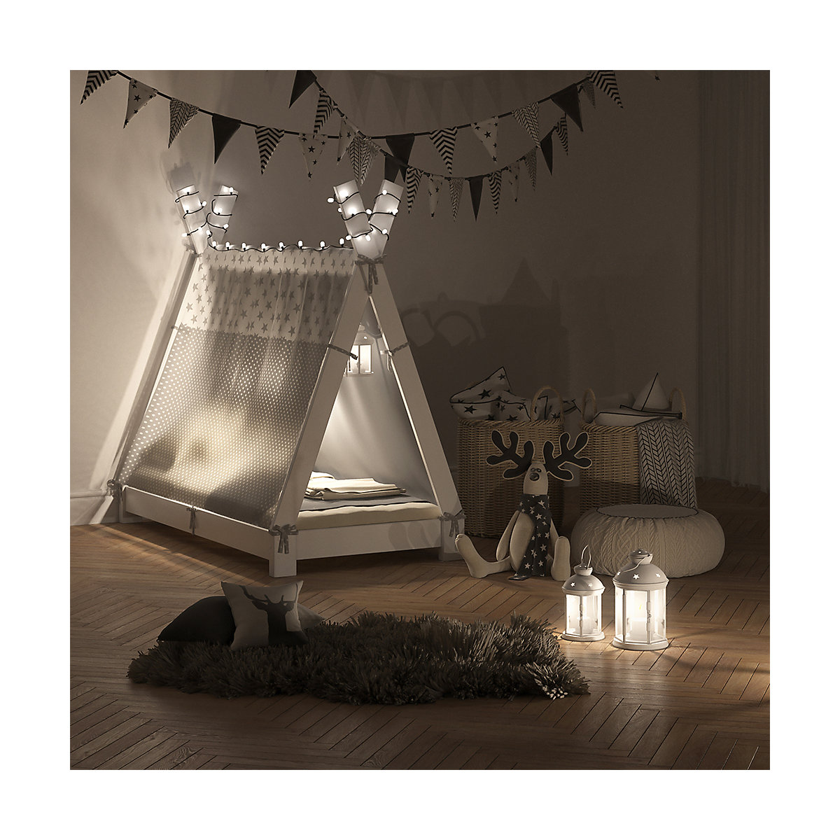 Kinderbett Hausbett Tipi + Überwurf 70x140cm Indianerzelt Indianerbett