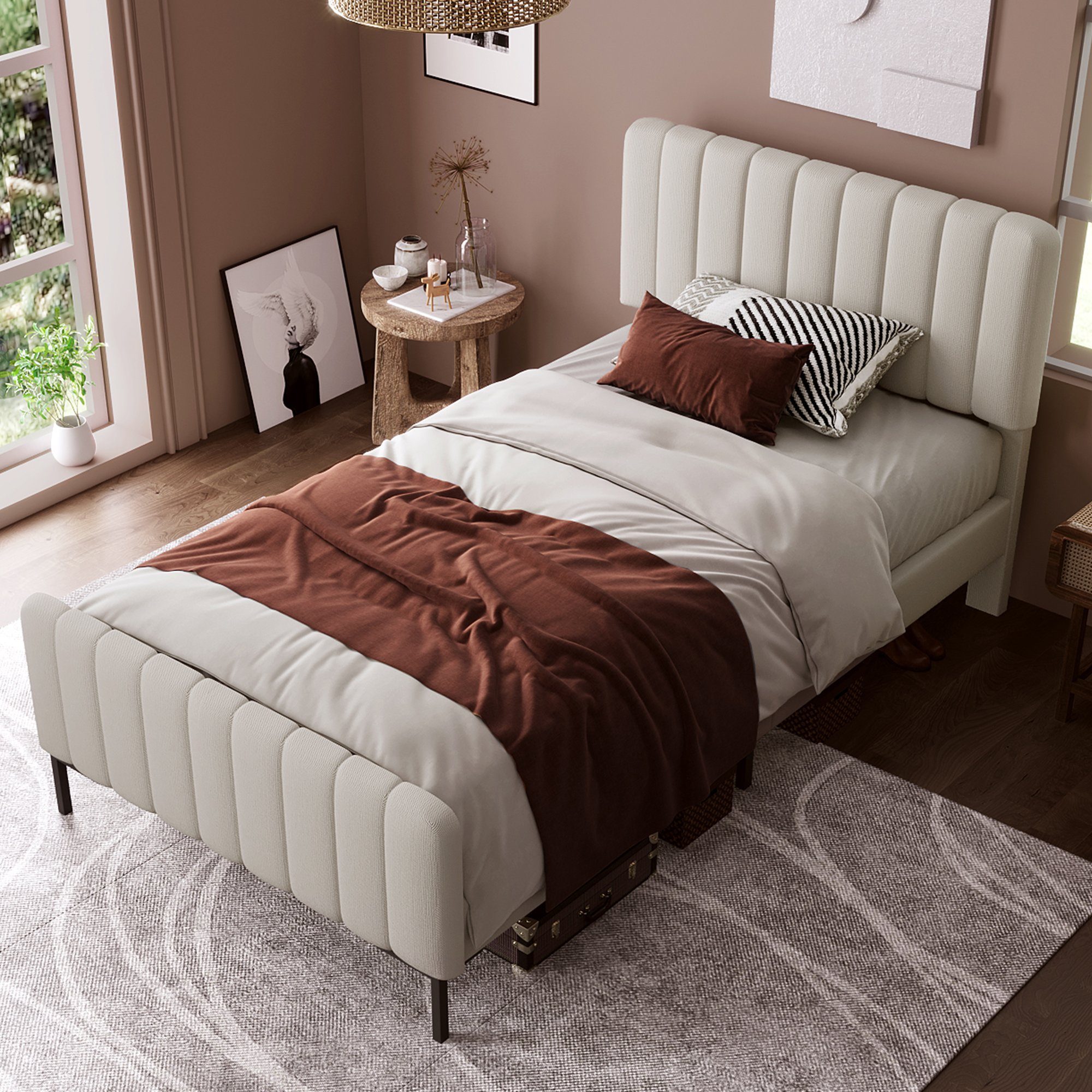 REDOM Polsterbett Einzelbett verstellbares Kopfteil Leinen (90x200cm), Jugendbett für Schlafzimmer Gästezimmer-Leinenmaterial