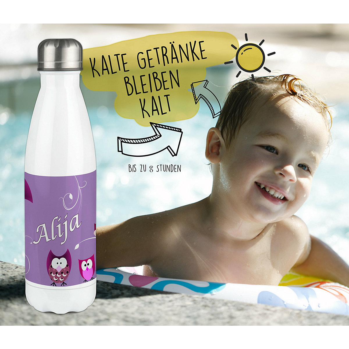 Edelstahl Kinder Thermoflasche / Trinkflasche bunt Eule Farbe lila Spülmaschinenfest, Auslaufsicher, Bruchfest, Doppelwandig, Für Heißgetränke geeignet, Mit Deckel, Isoliert