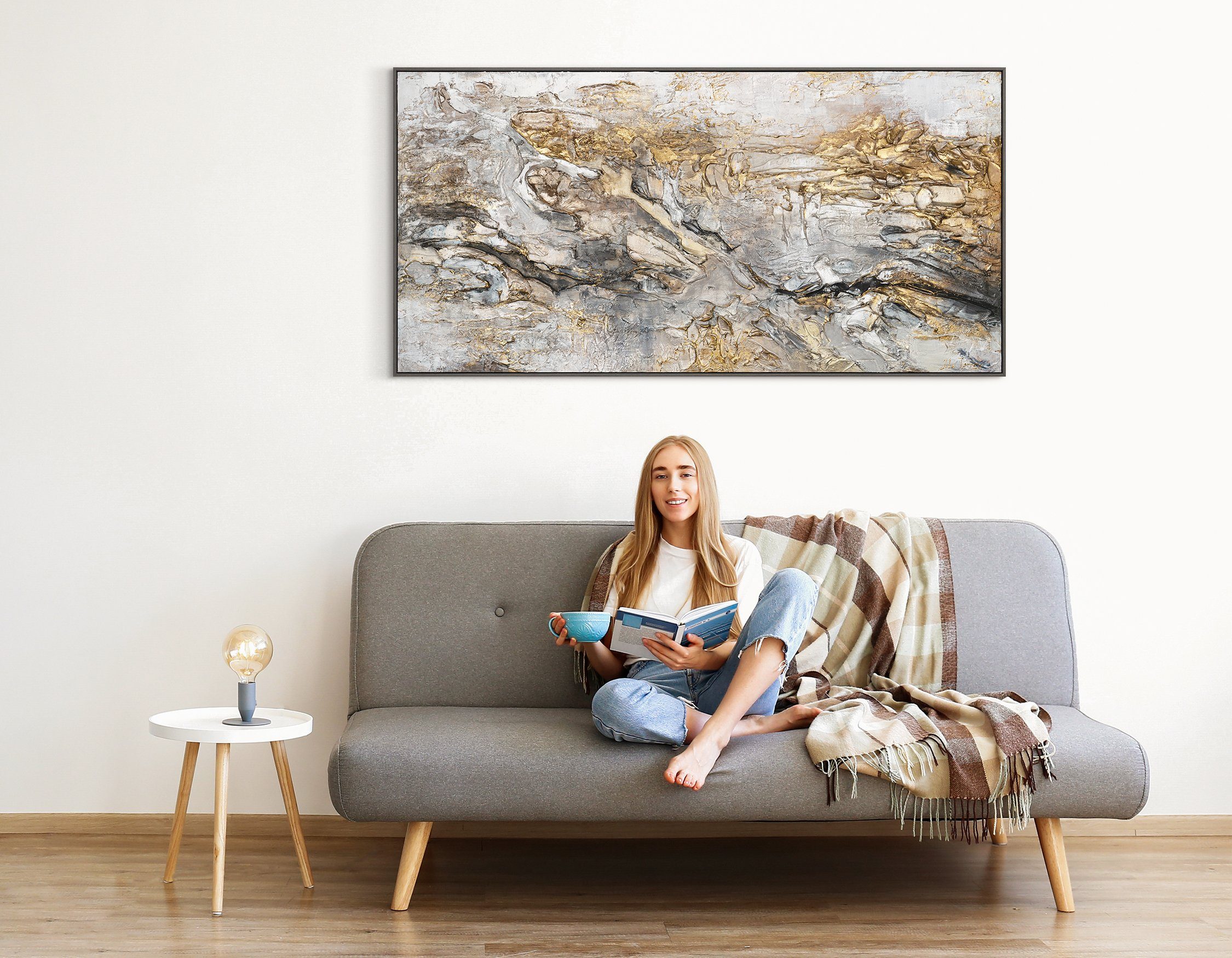 YS-Art Gemälde Klassik, Schwarz Weiß Gold auf Leinwand Bild Handgemalt Abstrakt mit Rahmen