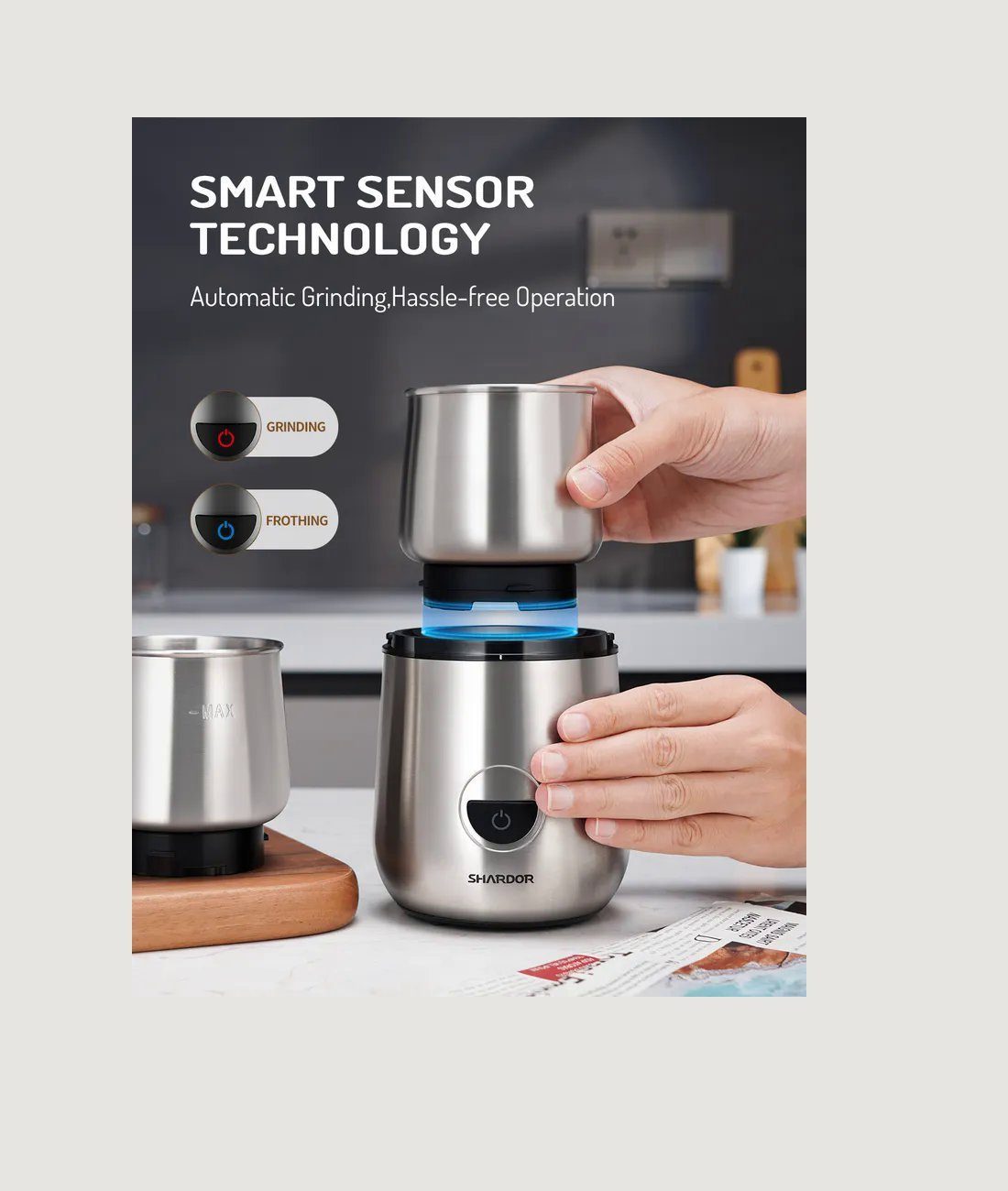 Shardor Kaffeemühle Elektrische Kaffeemühle, 150 W, Milchaufschäumer, Mahlen von Kaffeebohnen o.ä., Stainless Steel