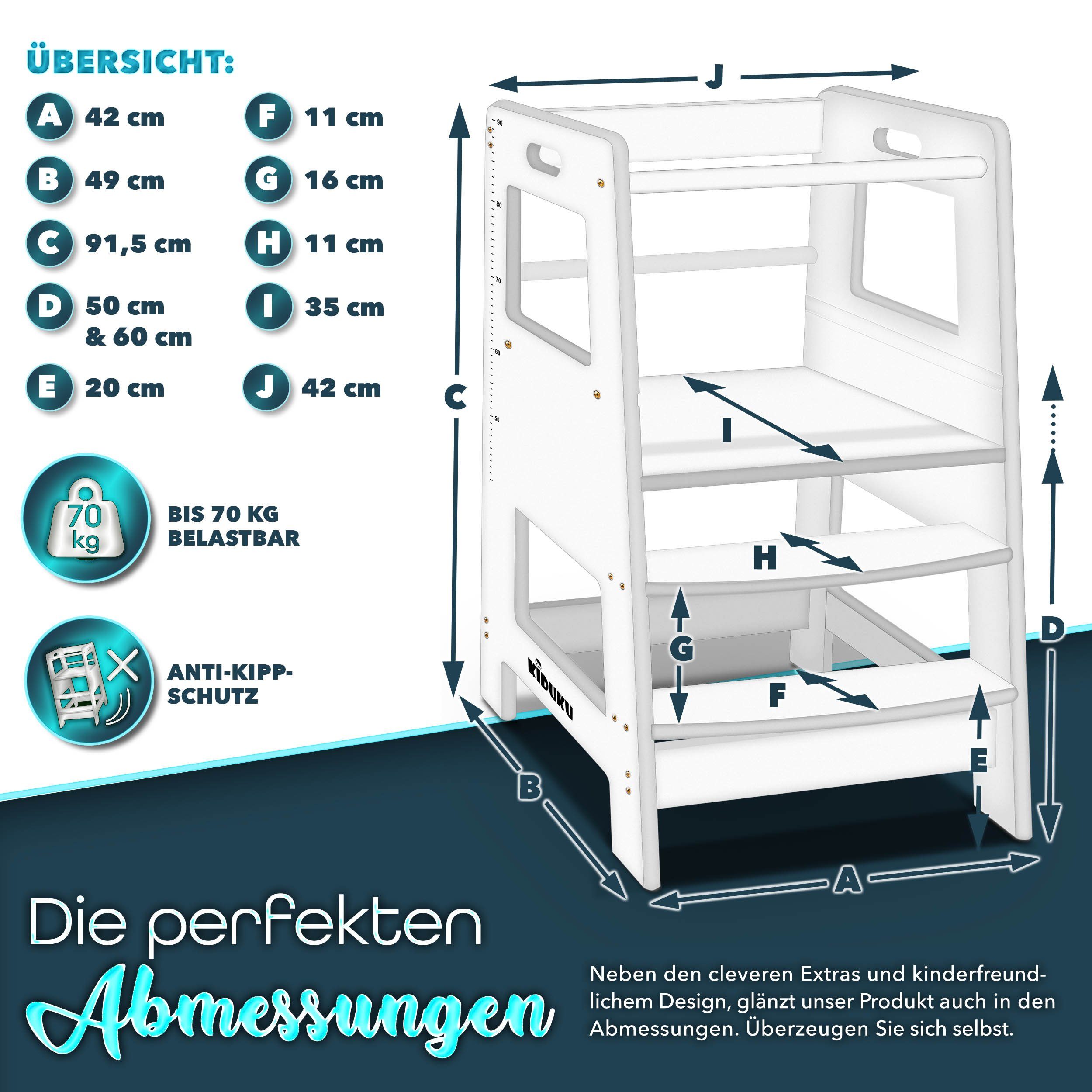 KIDUKU Stehhilfe Lernturm aus Holz ab 1 Jahr mit 4 Stück Antirutsch Pads (Montessori Kinder-Schemel für Kinder), Lerntower für höchste Sicherheit, Learning Tower für Mädchen & Jungen