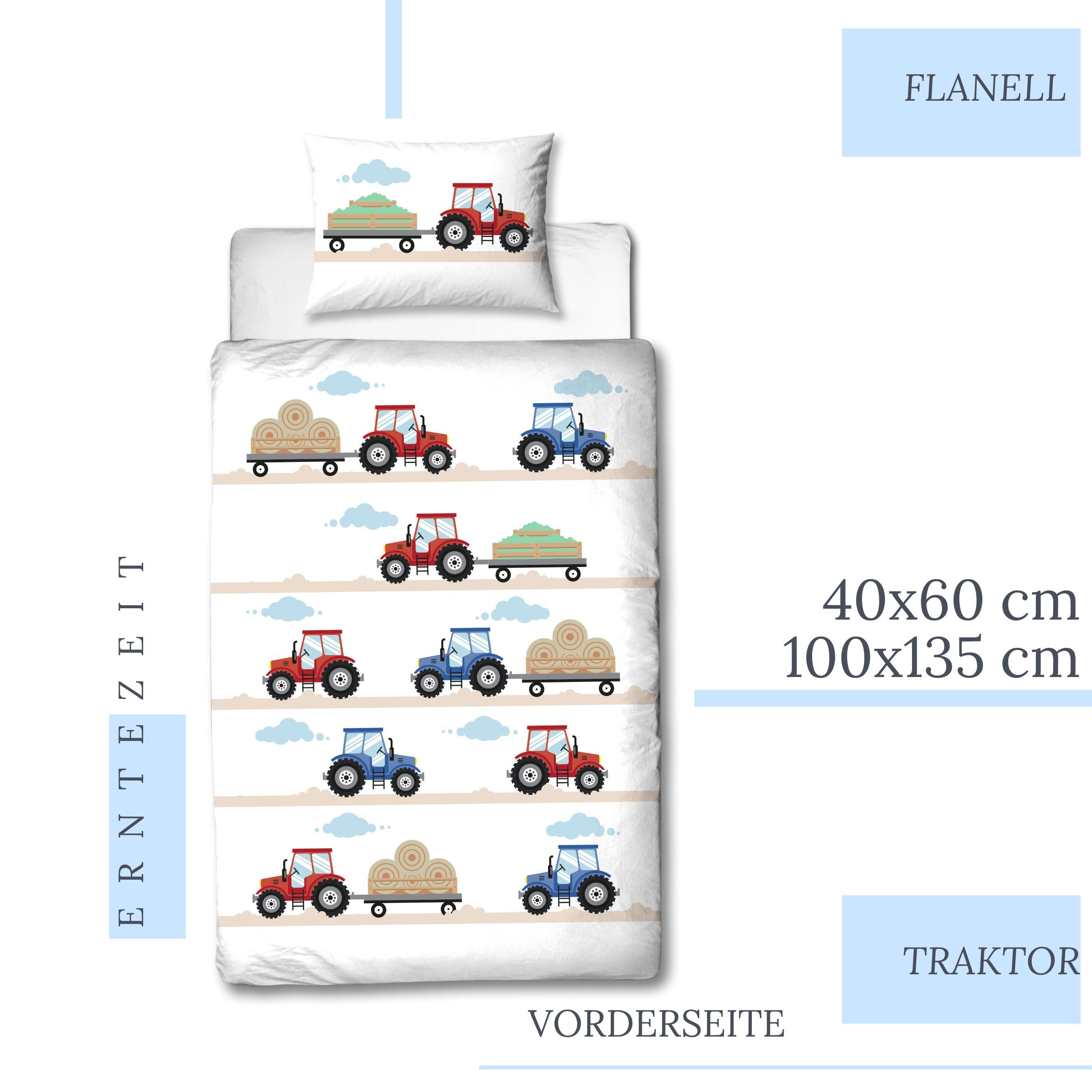 Babybettwäsche Traktor 100x135 + 40x60 cm, 100 % Baumwolle, MTOnlinehandel, Biber, 2 teilig, soft und kuschelweich für Babys und Kleinkinder