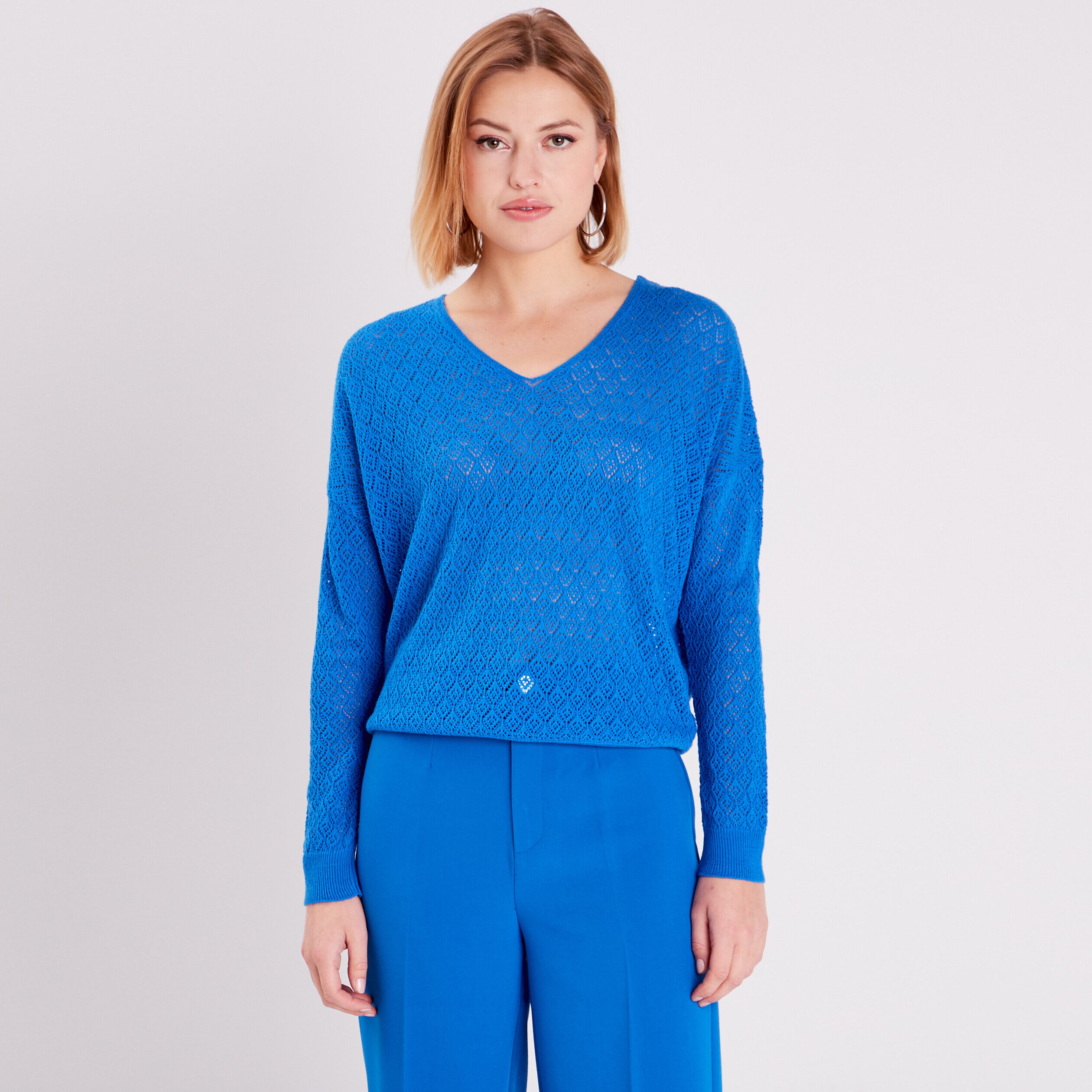 Pull manches longues ajouré bleu femme | Cache Cache