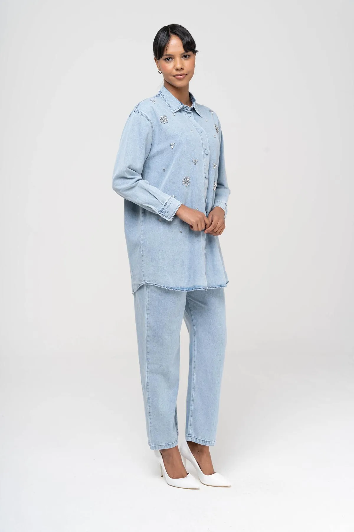 Olcay  Tuniği Jeansanzug mit Steinerbsen und Hose mit elastischer Taille BLAU 9225-TK