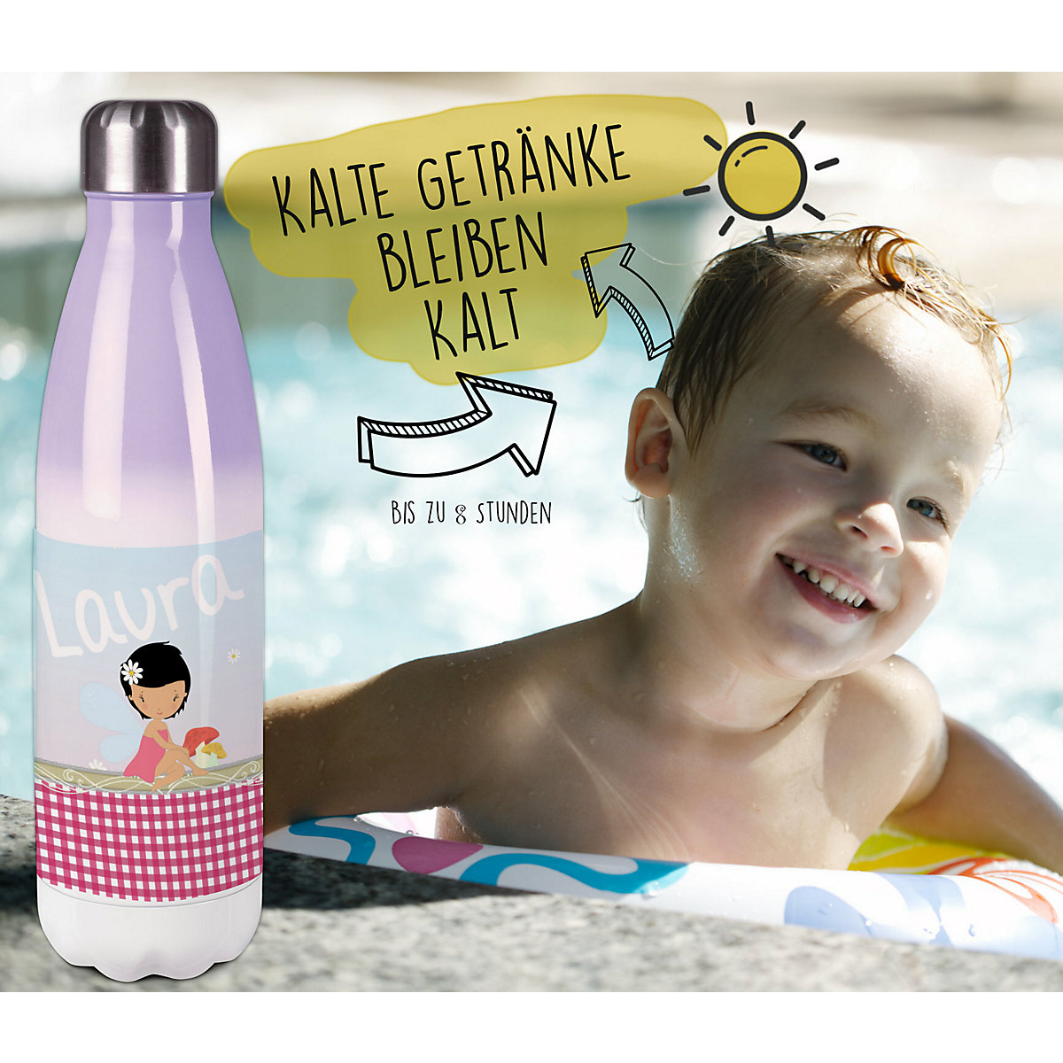 Edelstahl Kinder Thermoflasche / Trinkflasche bunt Fee Spülmaschinenfest, Auslaufsicher, Bruchfest, Doppelwandig, Für Heißgetränke geeignet, Mit Deckel, Isoliert
