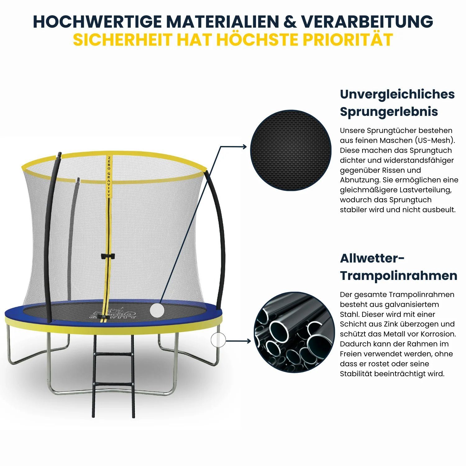 Zero Gravity Gartentrampolin Ø183/244/305/366/427 cm, Leiter & Sicherheitsnetz, TÜV cert, Trampolin, Ø 244 cm, Quick-Fold Sicherheitsnetz, keine Schweißnähte, Outdoor