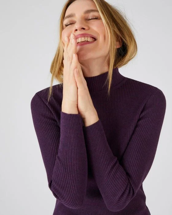 Pull col montant, 50% laine mérinos, uni et rayé