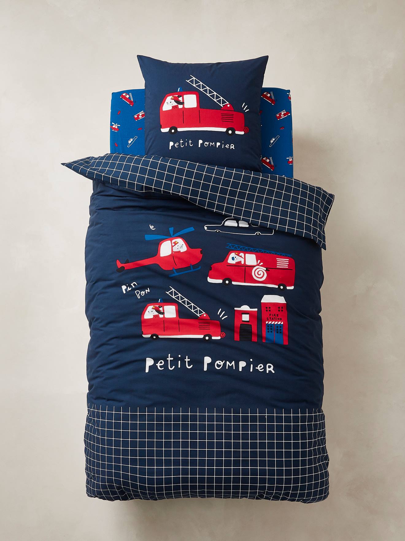 Vertbaudet Kinder Bettwäsche-Set KLEINER FEUERWEHRMANN Oeko-Tex - nachtblau/kariert