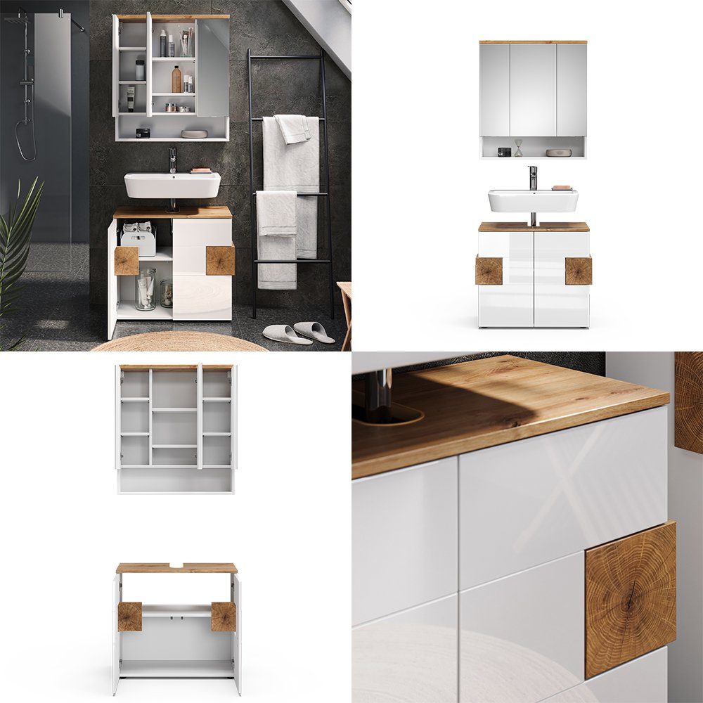 Vicco Badmöbel-Set Badezimmermöbelset EDEN Weiß Hochglanz/Artisan 2-er Set, (2-St., 2-er Set)