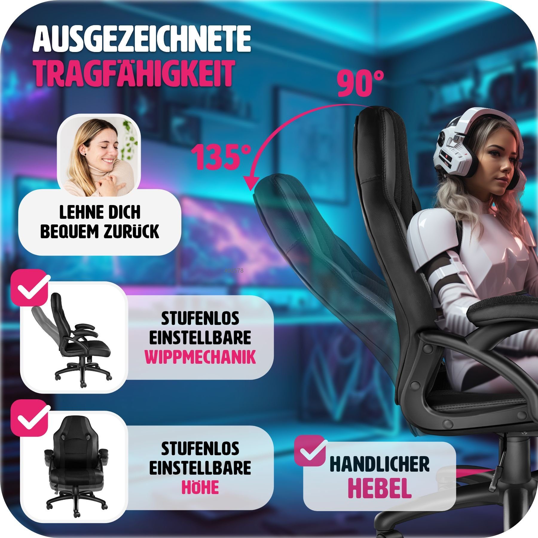 tectake Gaming-Stuhl Benny (1er, 1 St), einstellbare Wippmechanik