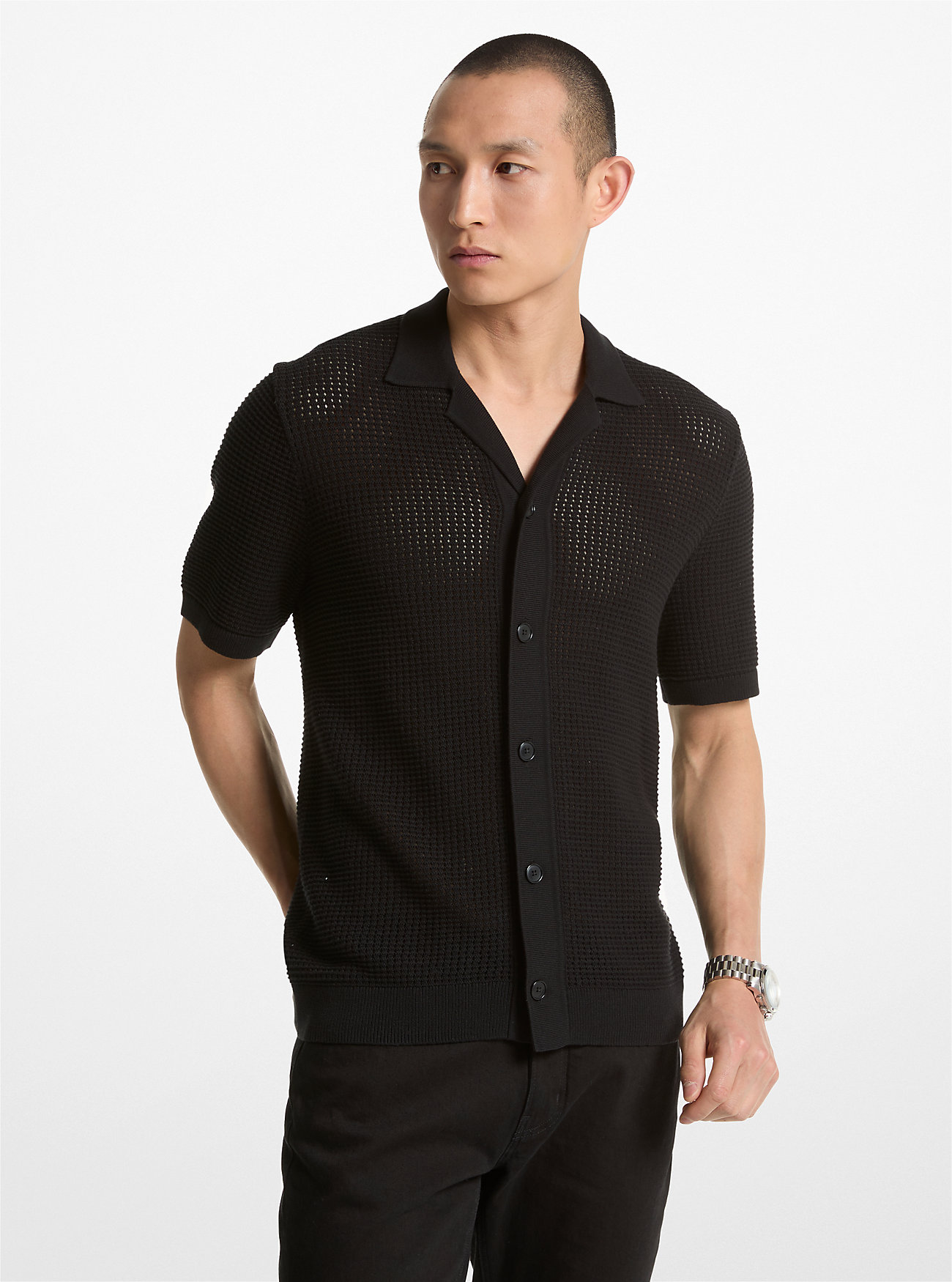 Open-Knit Cotton Shirt - BLACK