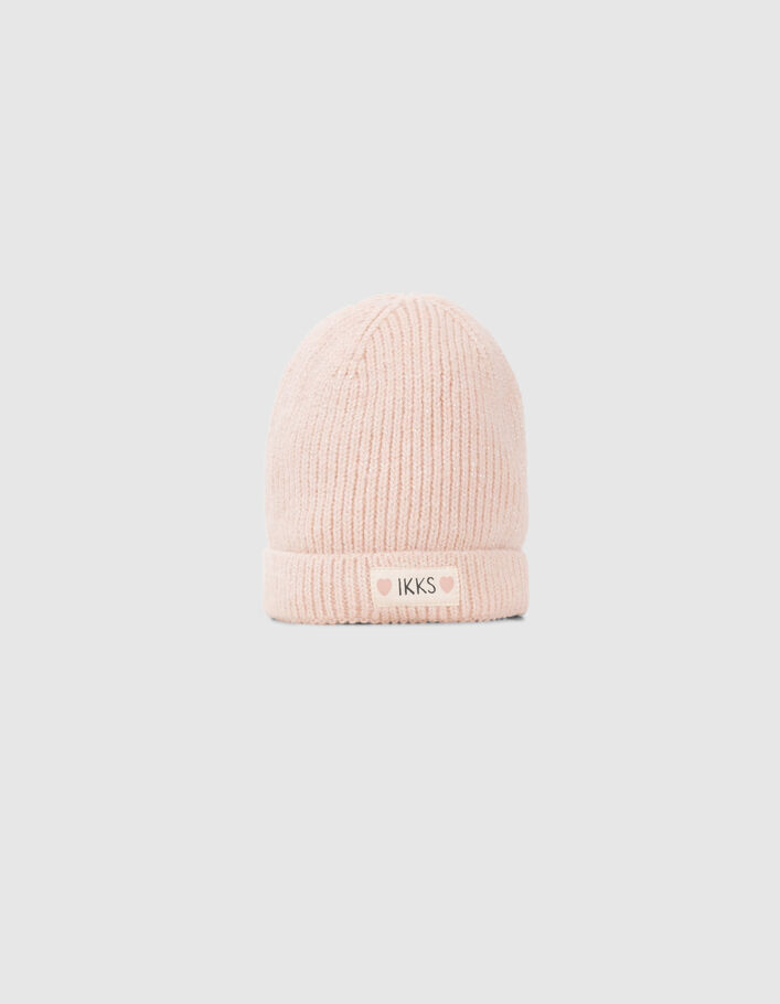 Bonnet rose poudré tricot lurex fourré bébé fille